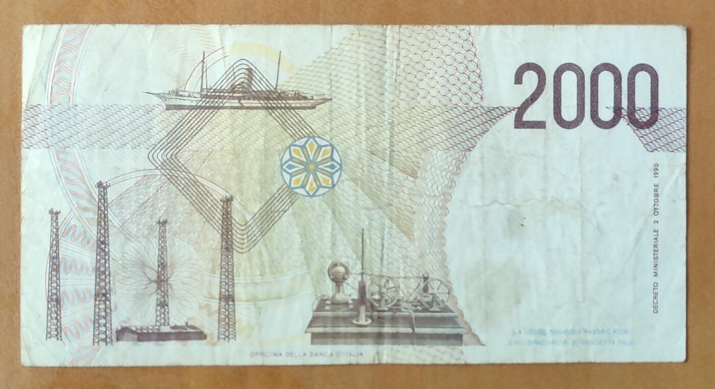欧洲意大利2000里拉纸币 1990年版 8品 马可尼和无线电 欧洲钱币