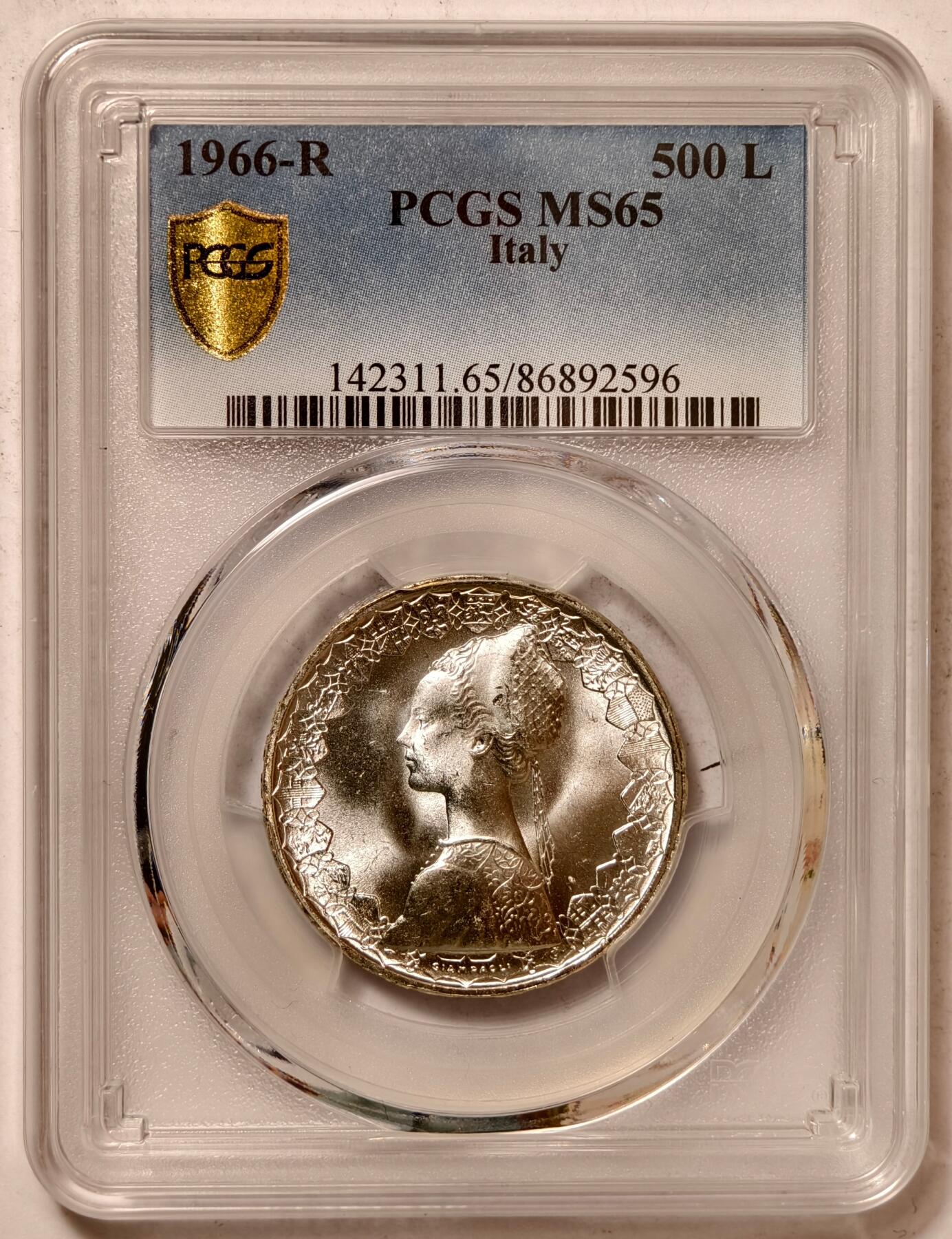 紫瑗钱币——第420期 意大利 1966年 R版 少女与帆船 500里拉 银币 PCGS MS65