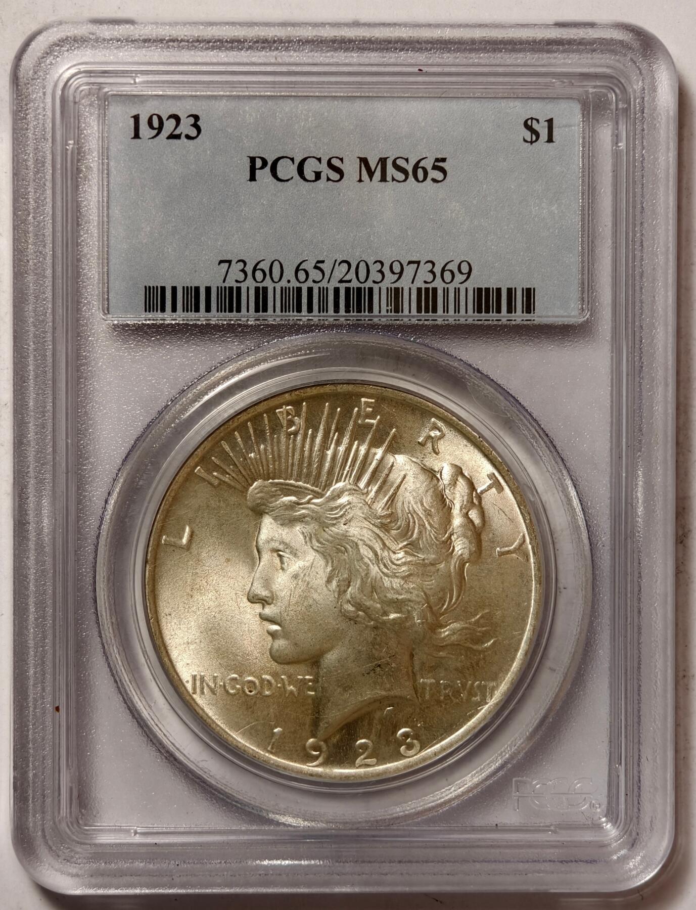 紫瑗钱币——第420期 美国 1923年 和平鸽 1元 银币 PCGS MS65 老盒 65难度比摩根高