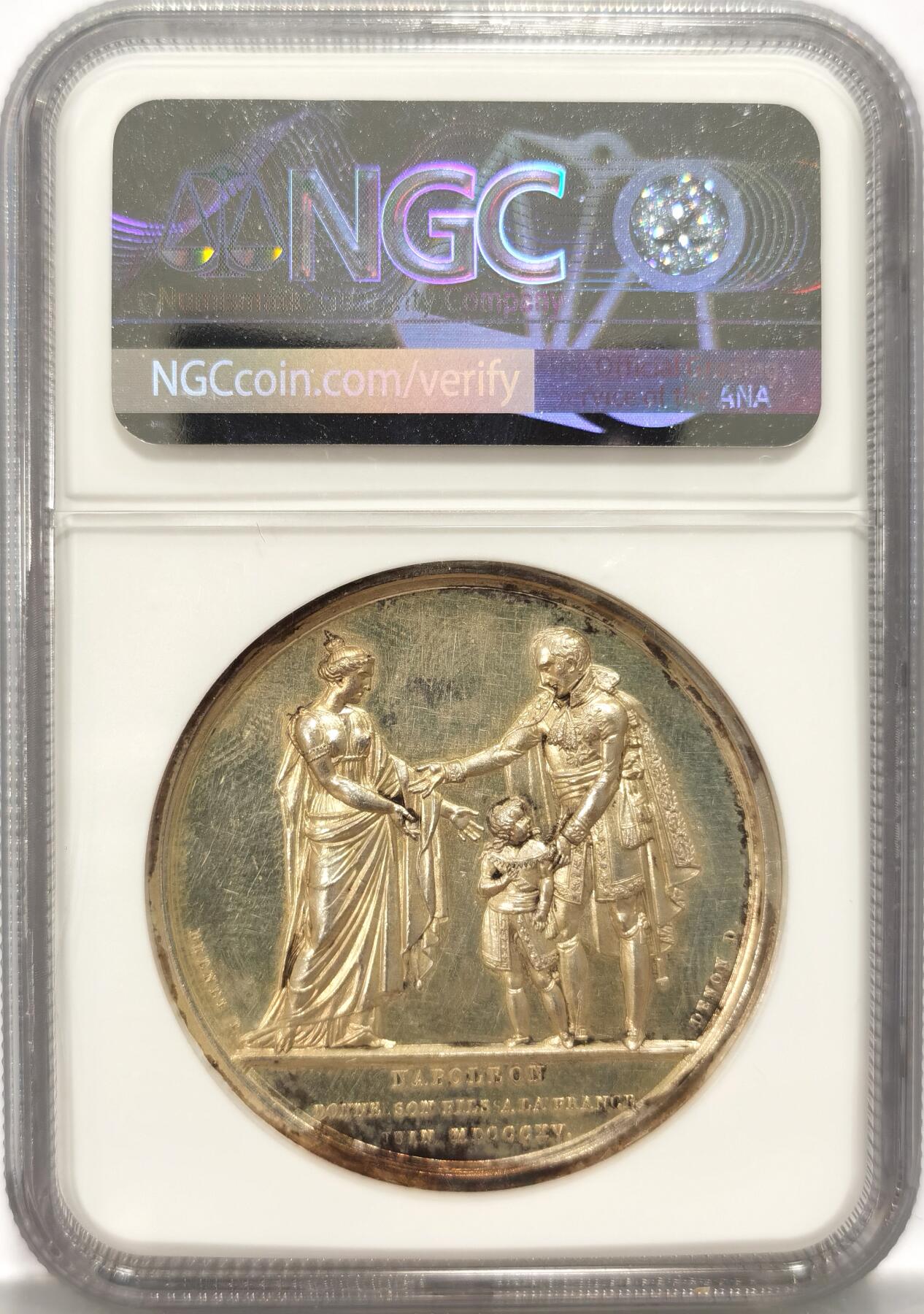 博洋堂世界钱币拍卖第087期（全场包邮） NGC UNCD 法国1815年拿破仑一世银章，19世纪后铸银章，极少见的品种，拿破仑全家纪念，拿破仑二世和公主，超高浮雕，雕刻细腻，非常少见漂亮