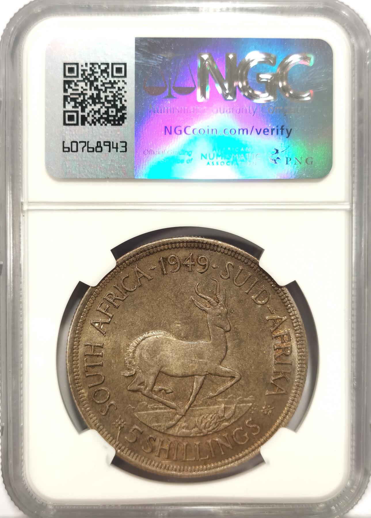 博洋堂世界钱币拍卖第087期（全场包邮） NGC MS62 英属南非1949年乔治六世5先令银币，极美黄油彩