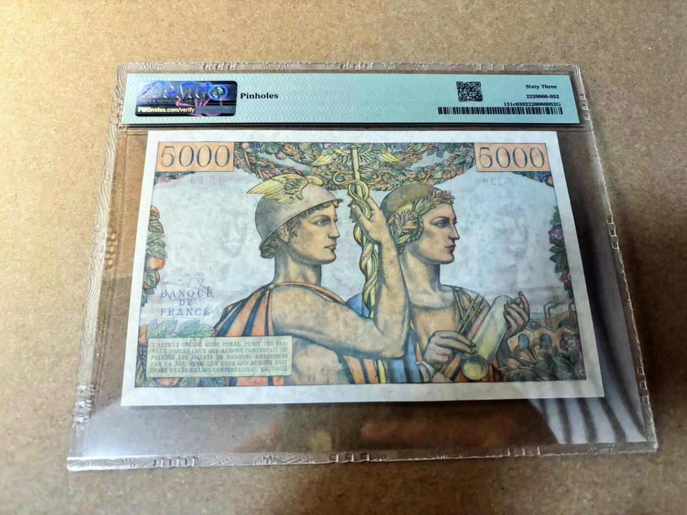 【Blue Auction】✨世界纸币精拍第524期【精】 法国 1953年5000法郎 PMG63 设计精美  