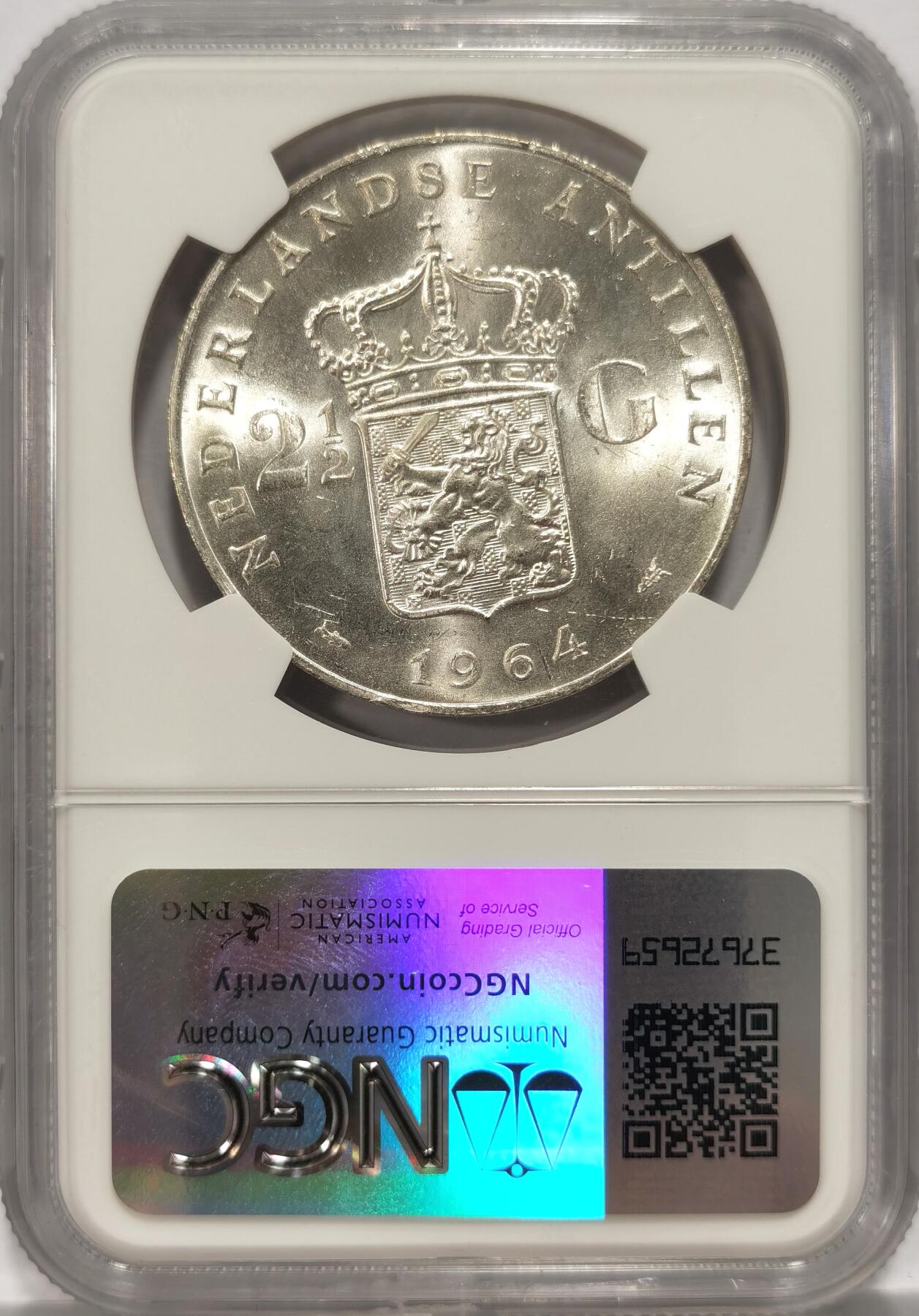 博洋堂世界钱币拍卖第087期（全场包邮） NGC MS64 荷属安的列斯1964年朱莉安娜女王2.5盾银币