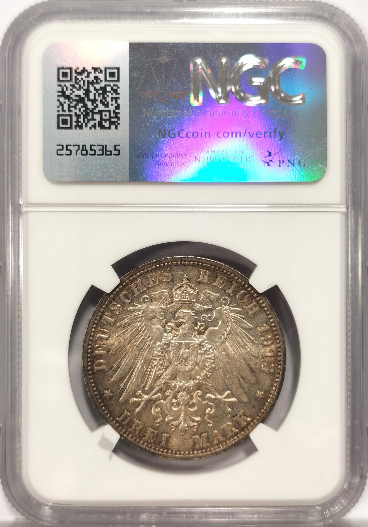 博洋堂世界钱币拍卖第087期（全场包邮） NGC MS64 德国萨克森1913年莱比锡建功碑3马克 超彩 低评状态