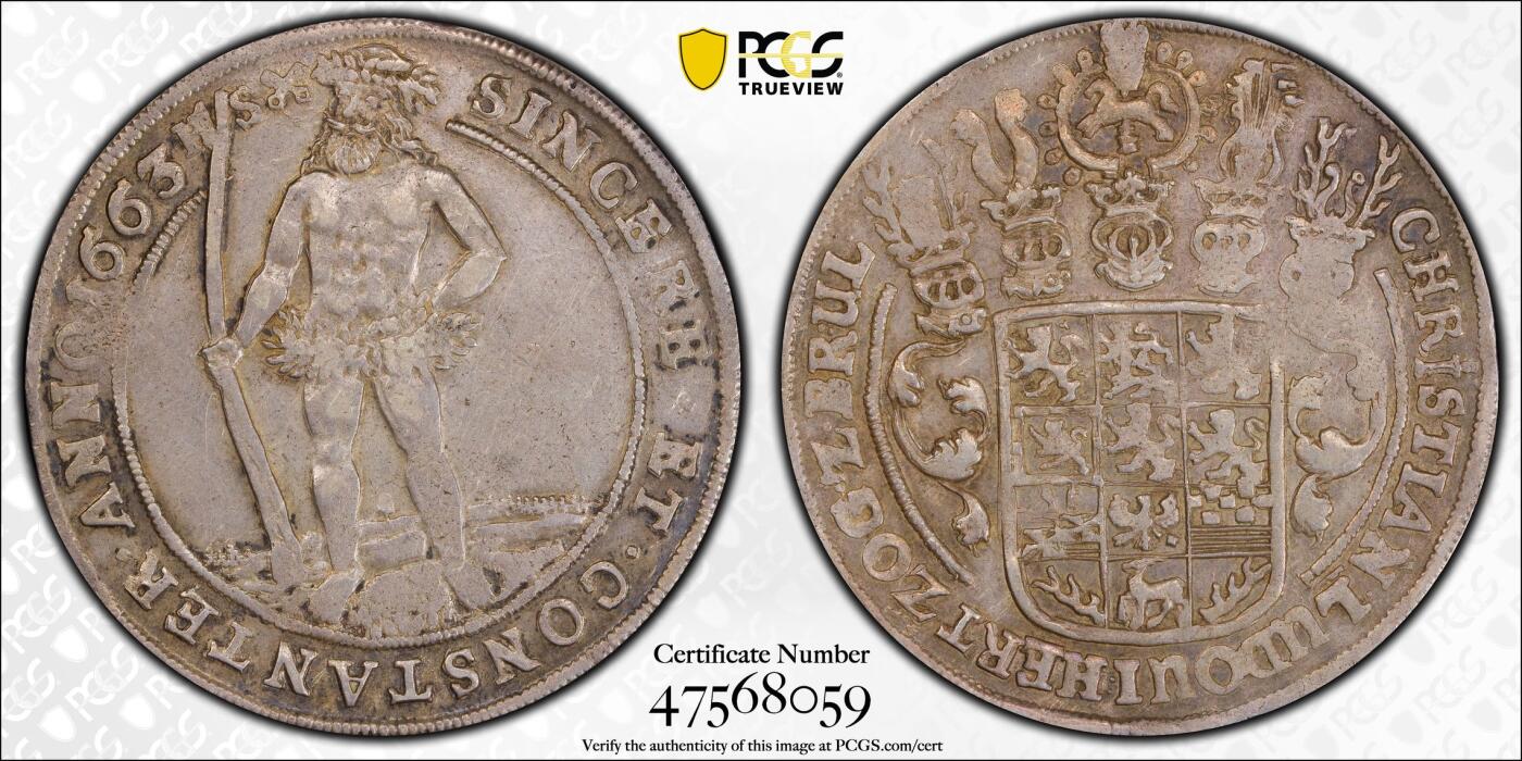 博洋堂世界钱币拍卖第087期（全场包邮） PCGS AU55 神罗布伦瑞克-吕内堡-策勒1663年野人老泰勒 评级榜冠军分! 只此一枚！