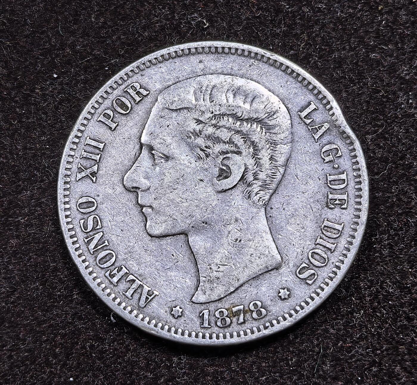 北京马甸外国币专卖微拍第124期，外国金银币专场，陆续上新，欢迎关注 1878年西班牙5比塞塔双柱银币