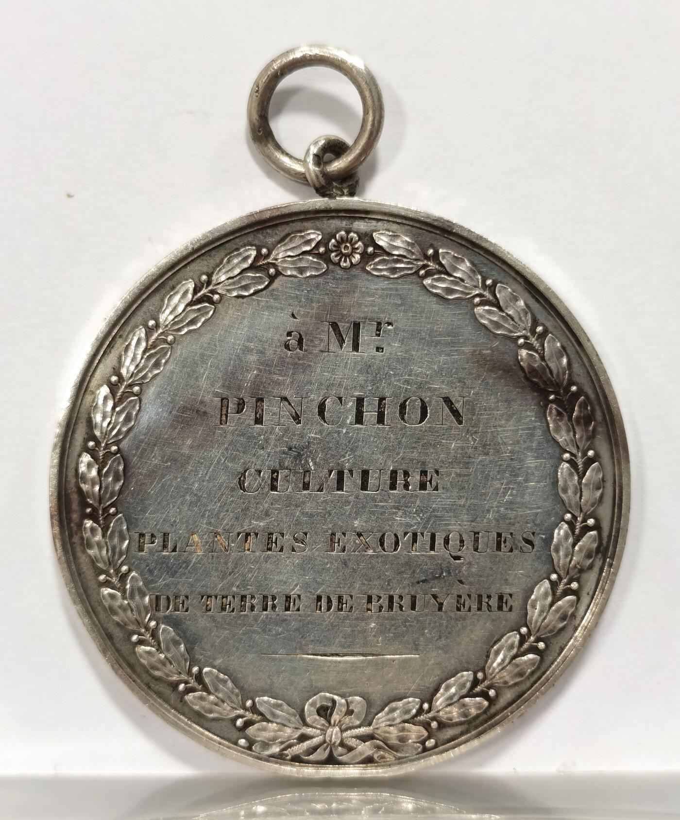 博洋堂世界钱币拍卖第087期（全场包邮） 法国1837年园艺栽培外来植物展览古典银章，直径:50mm    重量:66g，早期油灯边铭，挂环可拆卸，少见品种，双面刻字，非常少见