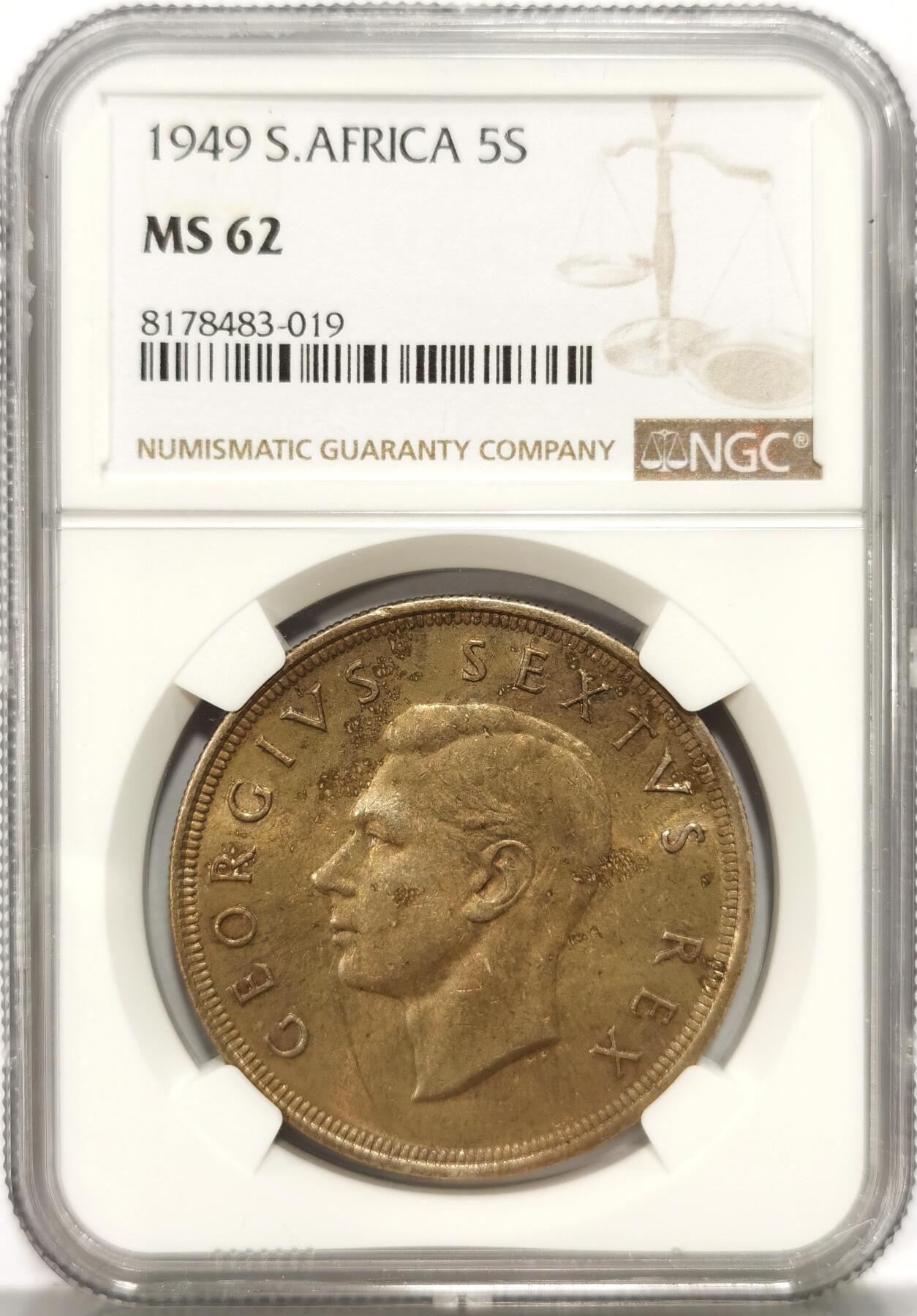 博洋堂世界钱币拍卖第087期（全场包邮） NGC MS62 英属南非1949年乔治六世5先令银币，极美黄油彩
