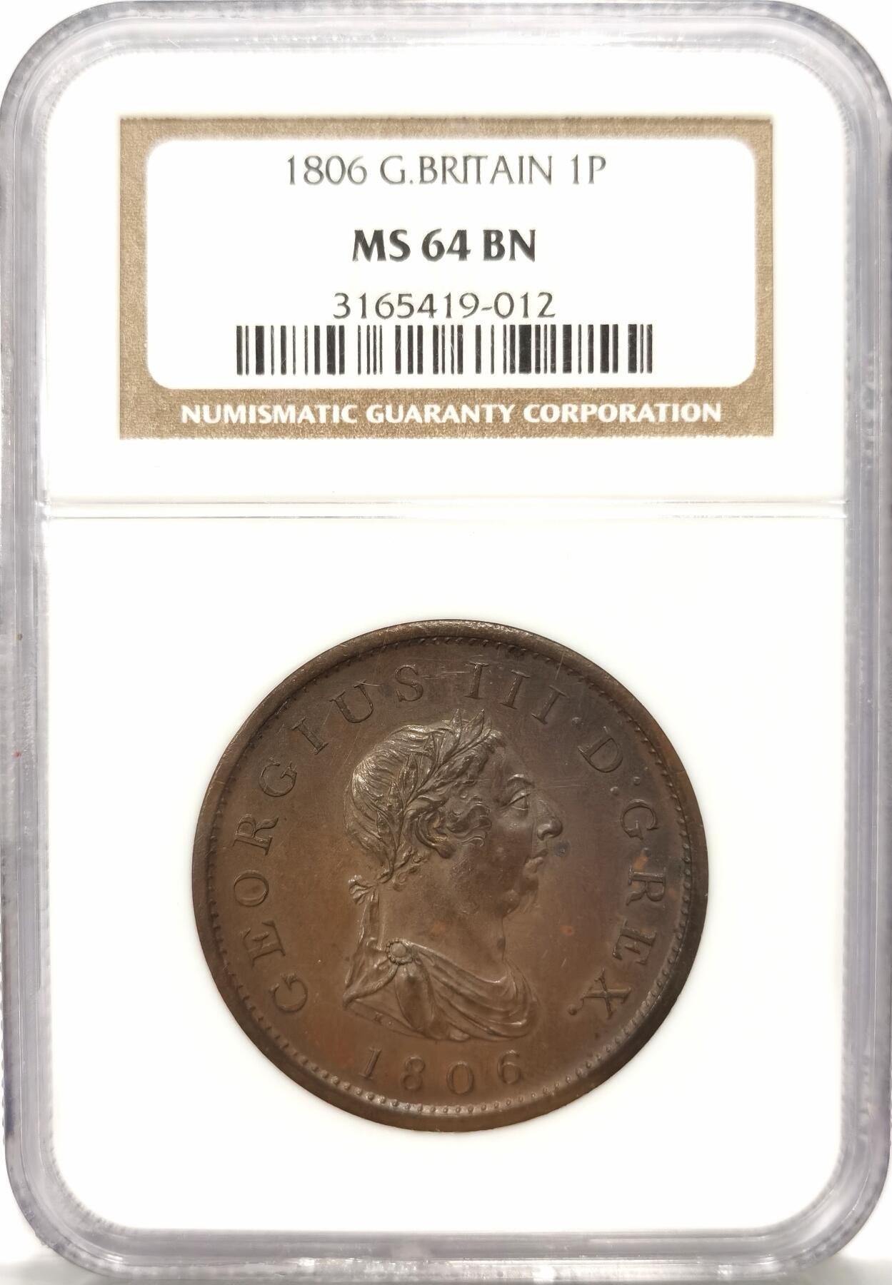 博洋堂世界钱币拍卖第087期（全场包邮） NGC MS64BN 1806年英国SOHO厂便士，NGC2000年代老盒严评，巧克力包浆温润，底板状态出色，状态极佳，边尺割手。博洋堂年初精品场同分3700元成交