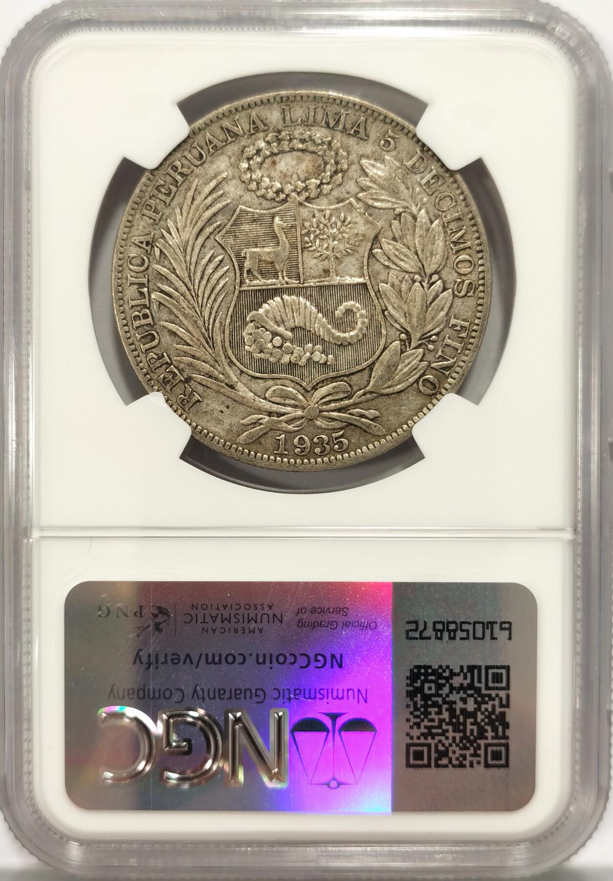 博洋堂世界钱币拍卖第087期（全场包邮） NGC XF40 秘鲁1935年坐人自由女神1索尔大银币，原汁原味