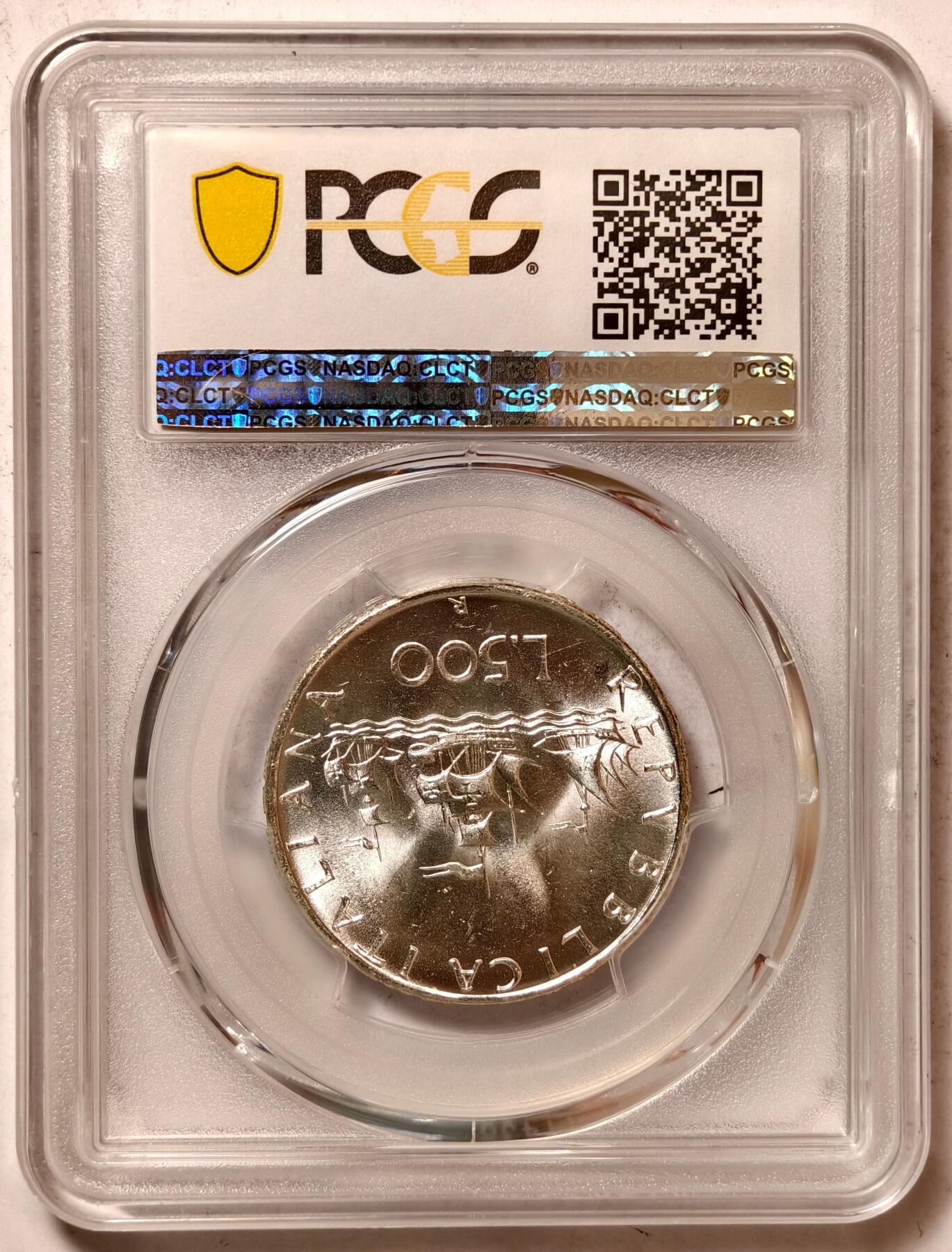 紫瑗钱币——第420期 意大利 1966年 R版 少女与帆船 500里拉 银币 PCGS MS65