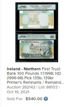 【Blue Auction】✨世界纸币精拍第524期【精】  【一组2张】北爱尔兰 1998年100镑 PMG66EPQ  Printer's Remnants / Remainder 包含边铭 可以用于研究该纸币印制过程 非常少见 