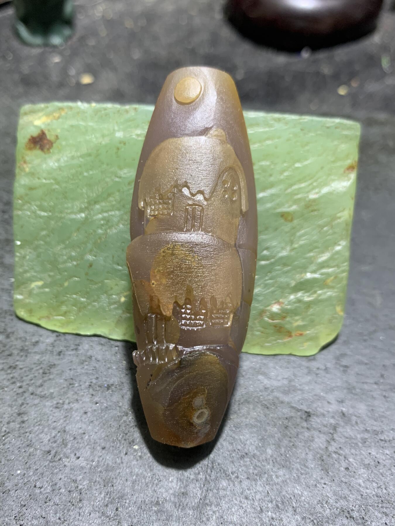 精美亚光高玉化冰飘巴西玛瑙手工俏色巧雕茅庐吊坠（把件）一个