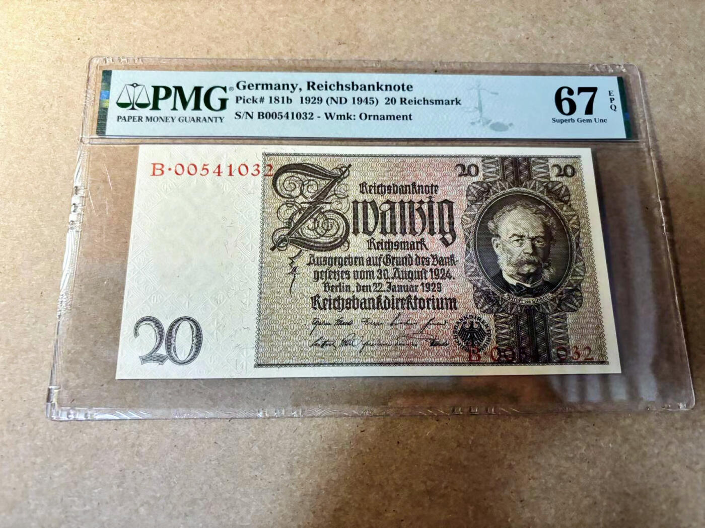 【Blue Auction】✨世界纸币精拍第524期【精】 德国 1929年20马克 PMG67EPQ 高分 