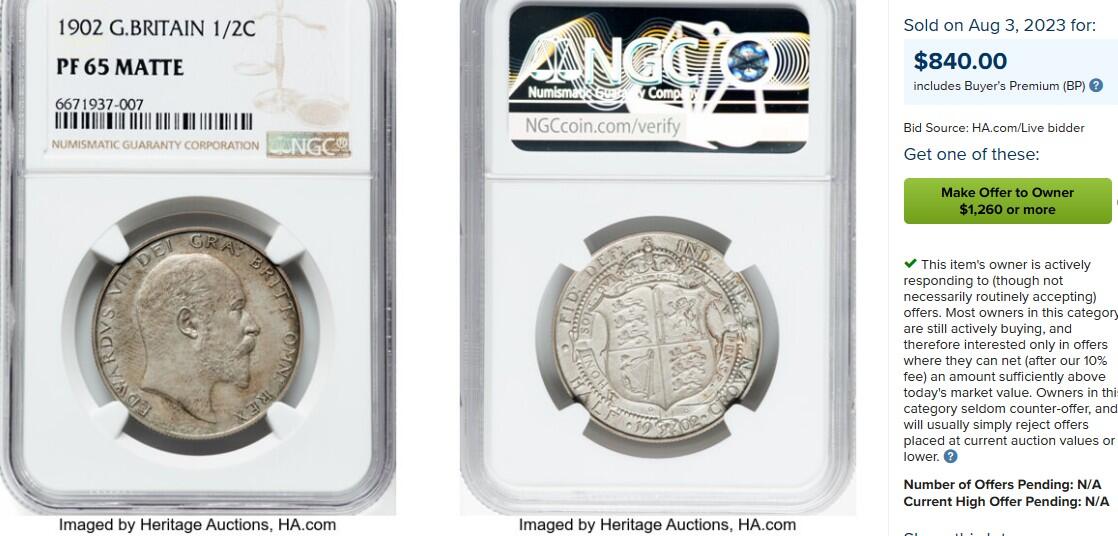 博洋堂世界钱币拍卖第087期（全场包邮） NGC PF64MATTE 英国1902年爱德华七世精制1/2克朗银币，难得原味包浆，65分成交6000+