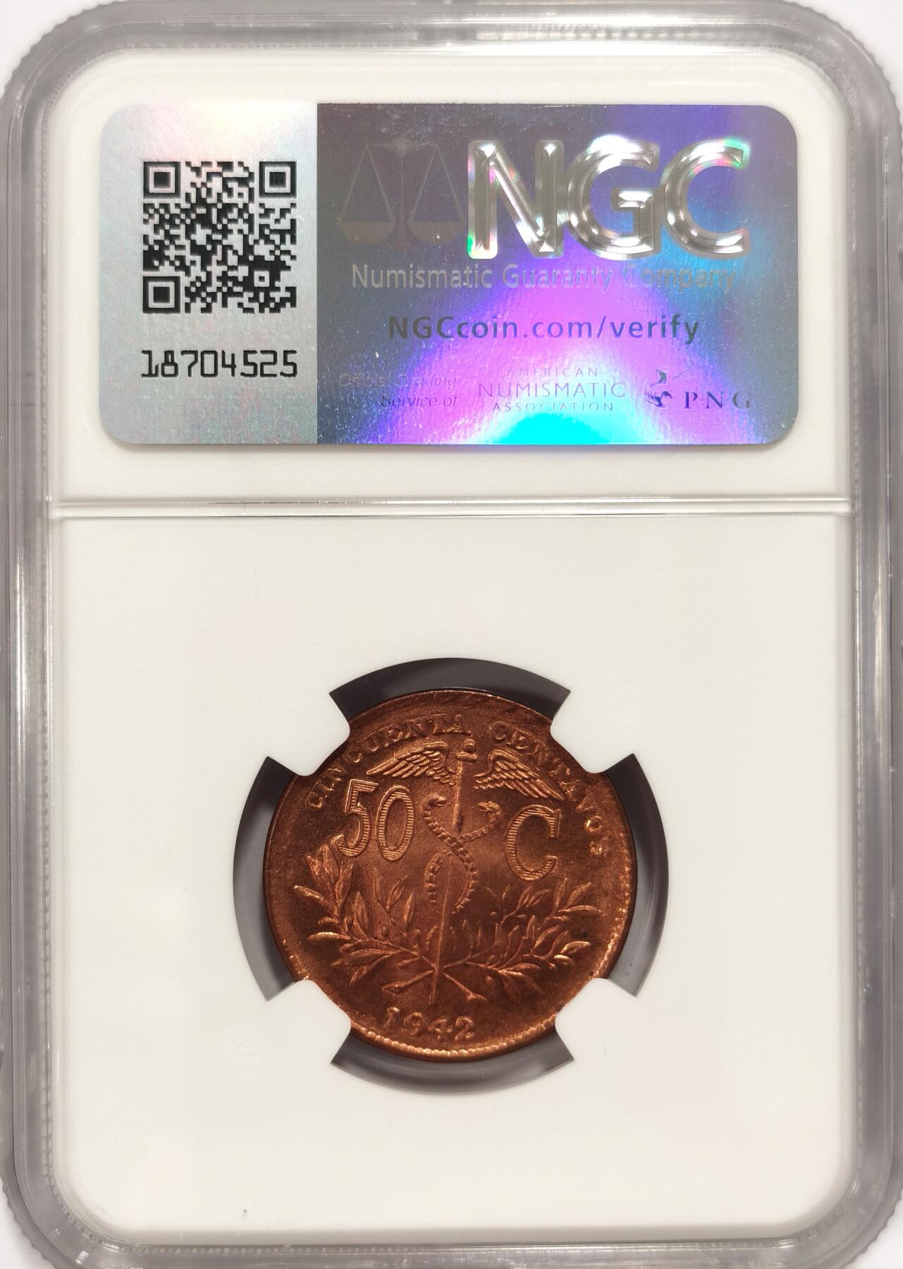 博洋堂世界钱币拍卖第087期（全场包邮） NGC MS65RB 玻利维亚1942年50分红铜币，经典草泥马