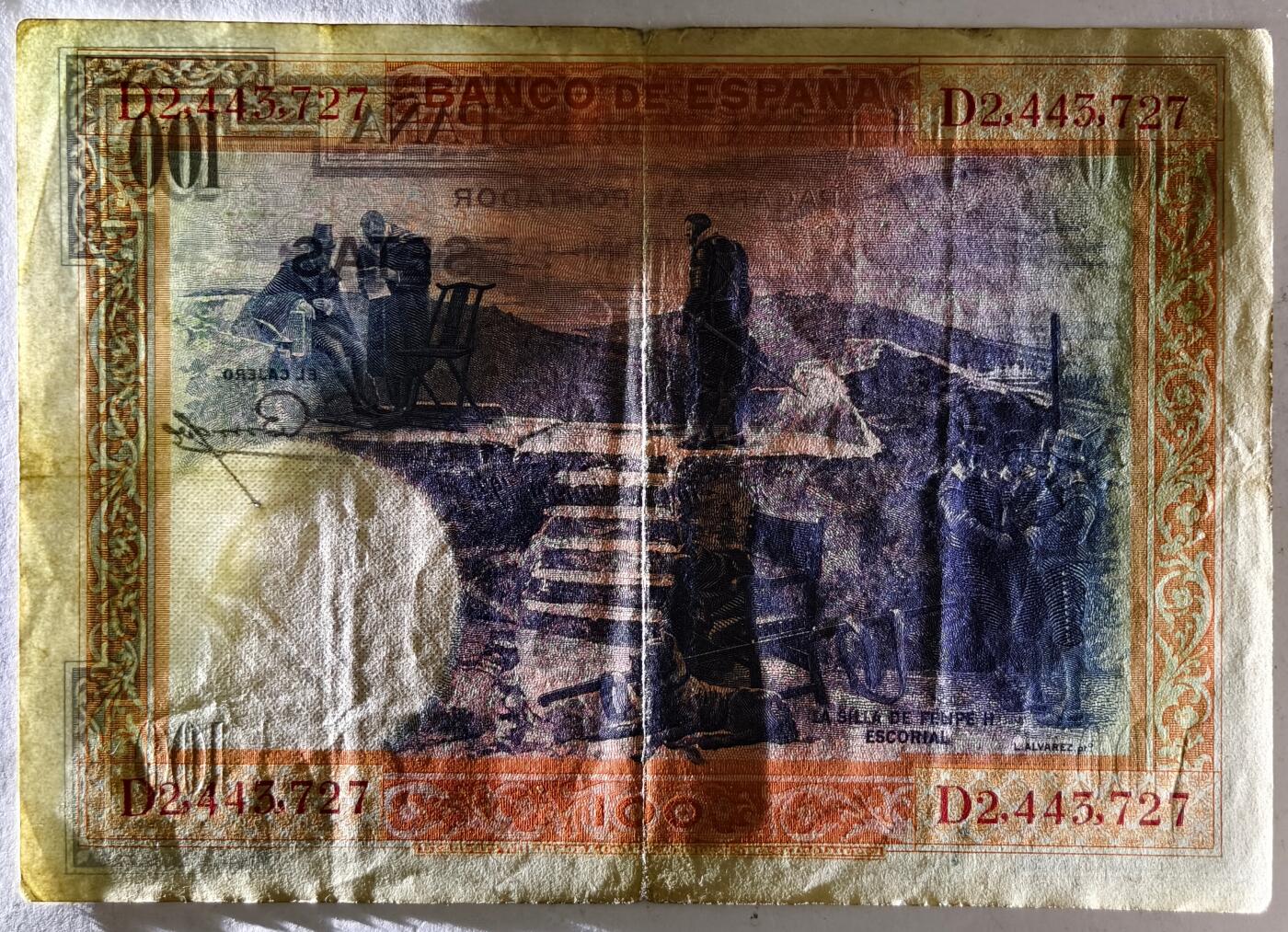 紫瑗钱币——第401期——纸币场 西班牙 1925年 油画《费利普二世的撤退》 100比塞塔 AU (P-69c)