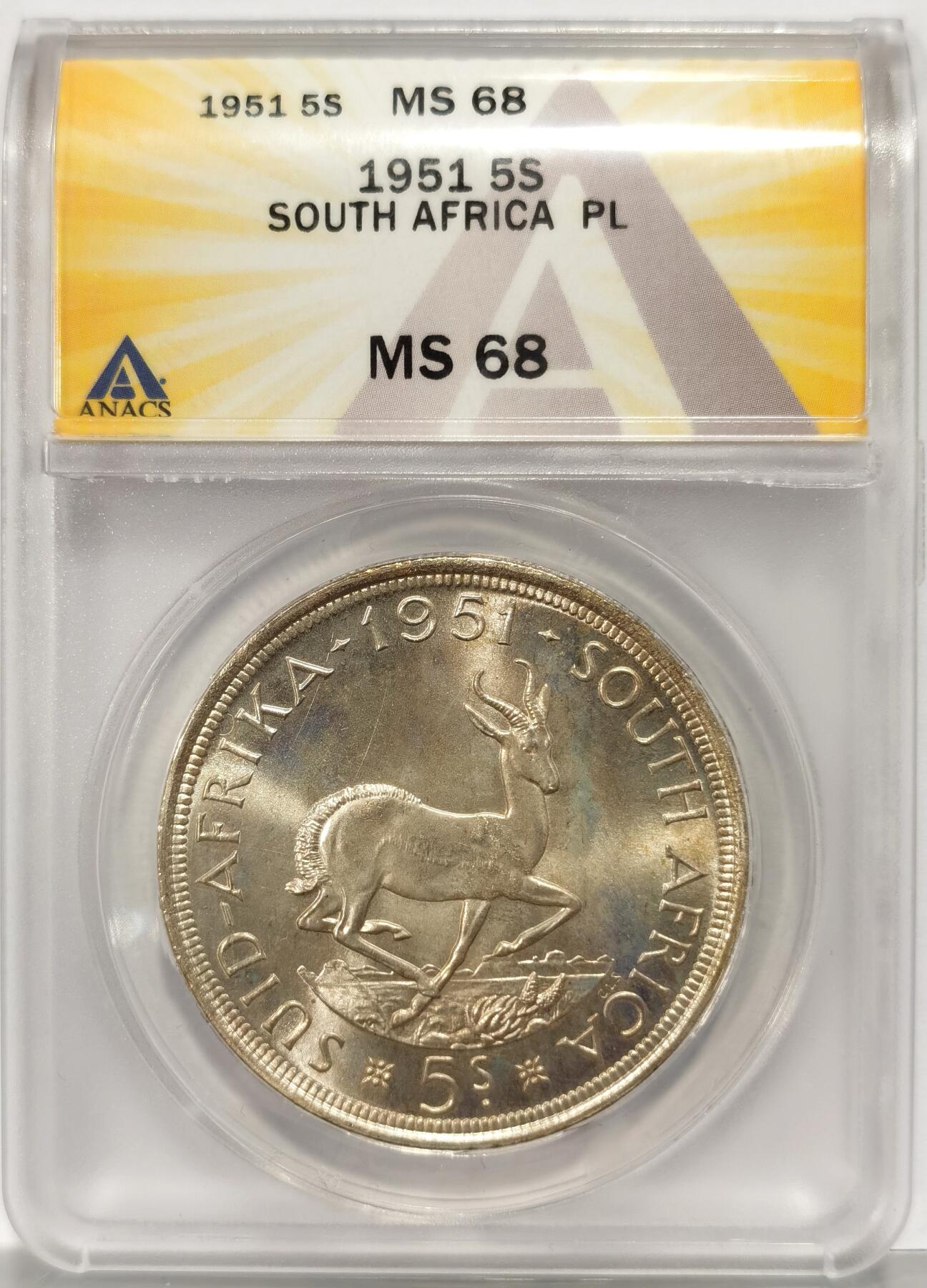 博洋堂世界钱币拍卖第087期（全场包邮） ANACS MS68PL（PL68） 英属南非1951年乔治六世5先令克朗银币 铸造量仅1483枚 远少于其他年份 淡五彩包浆养眼 顶级高分 A盒潜力很大