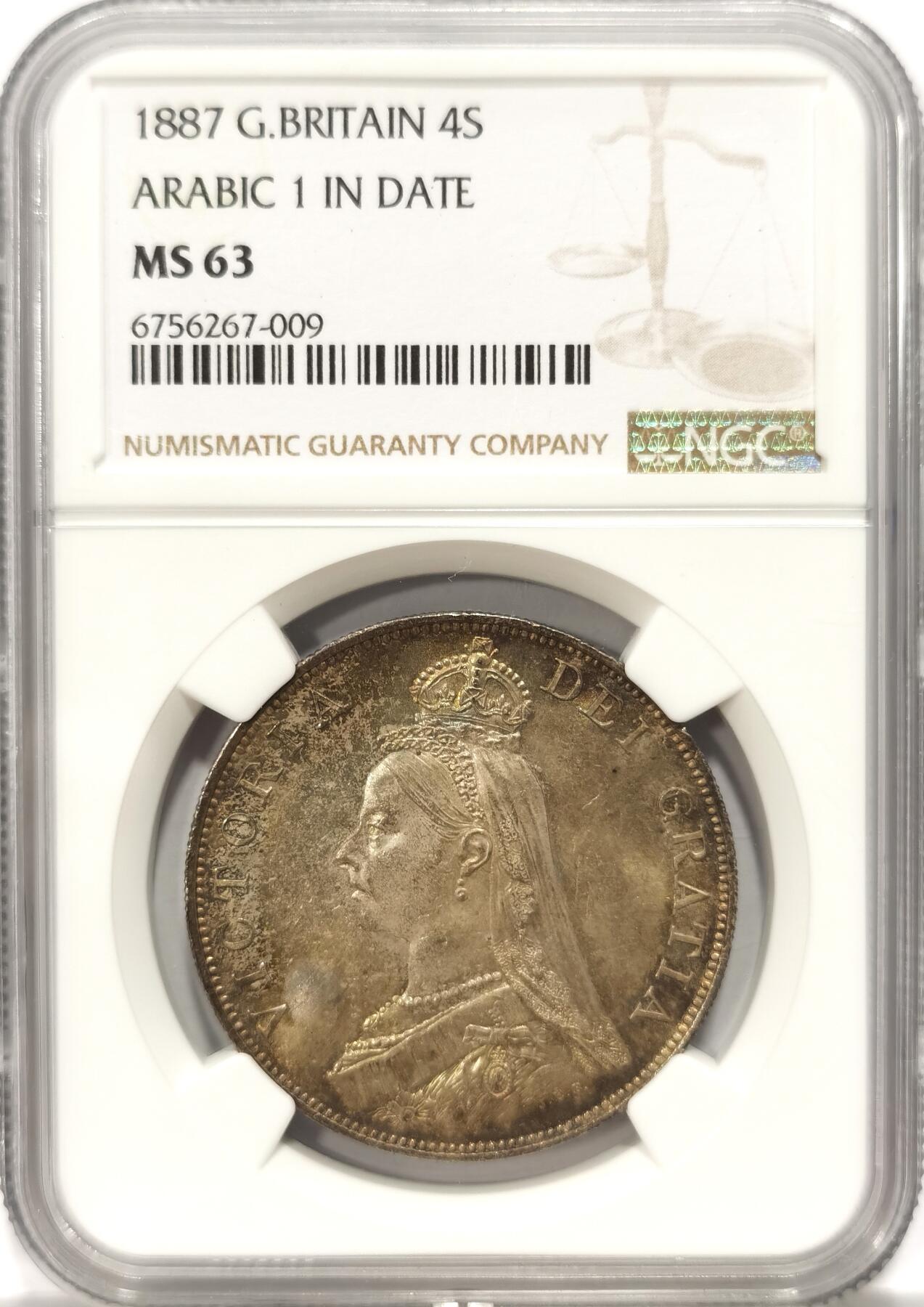 博洋堂世界钱币拍卖第087期（全场包邮） NGC MS63 1887年英国高冠双弗洛林银币大银币，阿拉伯1版，正反绚丽五彩包浆状态极其出色，超过63分平均状态。麦稀奇最近成交一枚状态类似同分2200元落槌