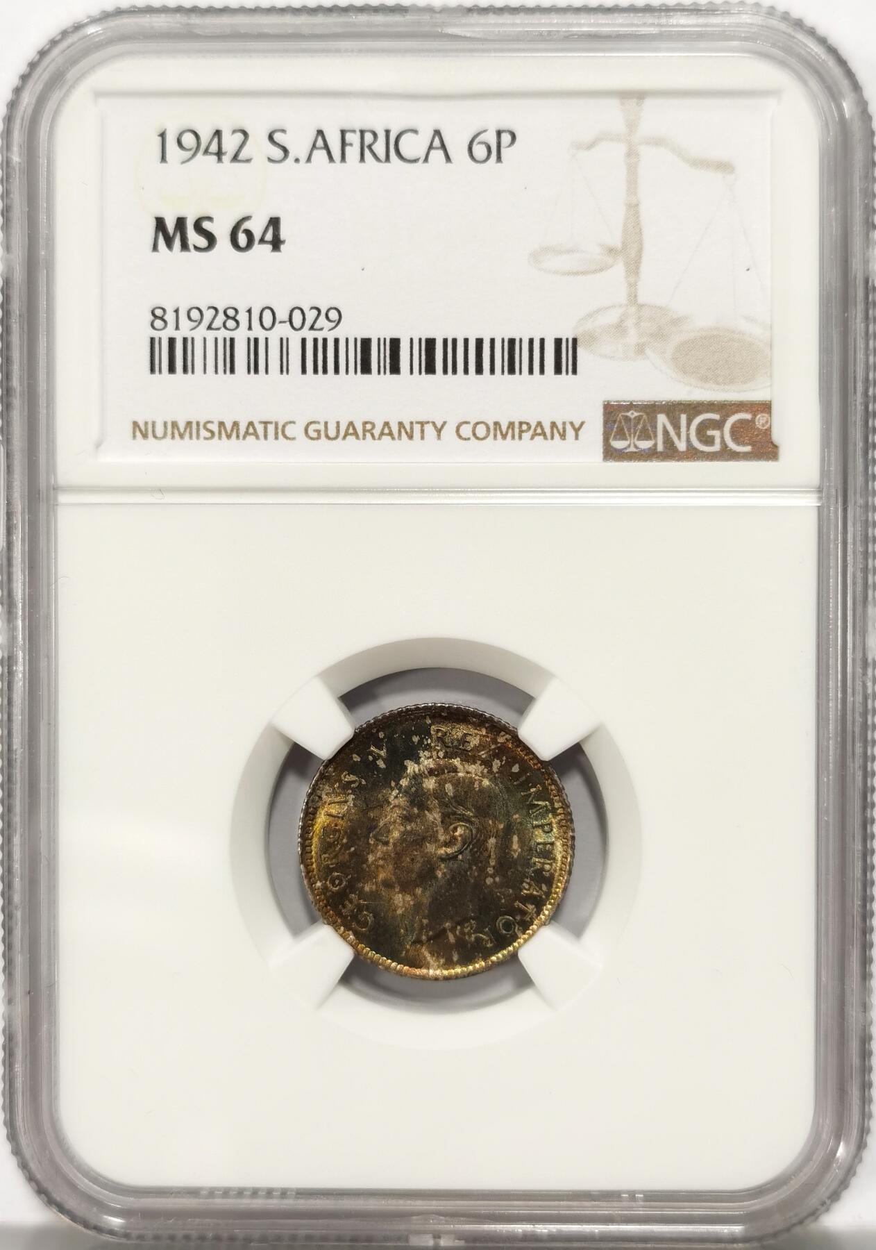 博洋堂世界钱币拍卖第087期（全场包邮） NGC MS64 英属南非1942年乔治六世6便士银币，炫彩包浆