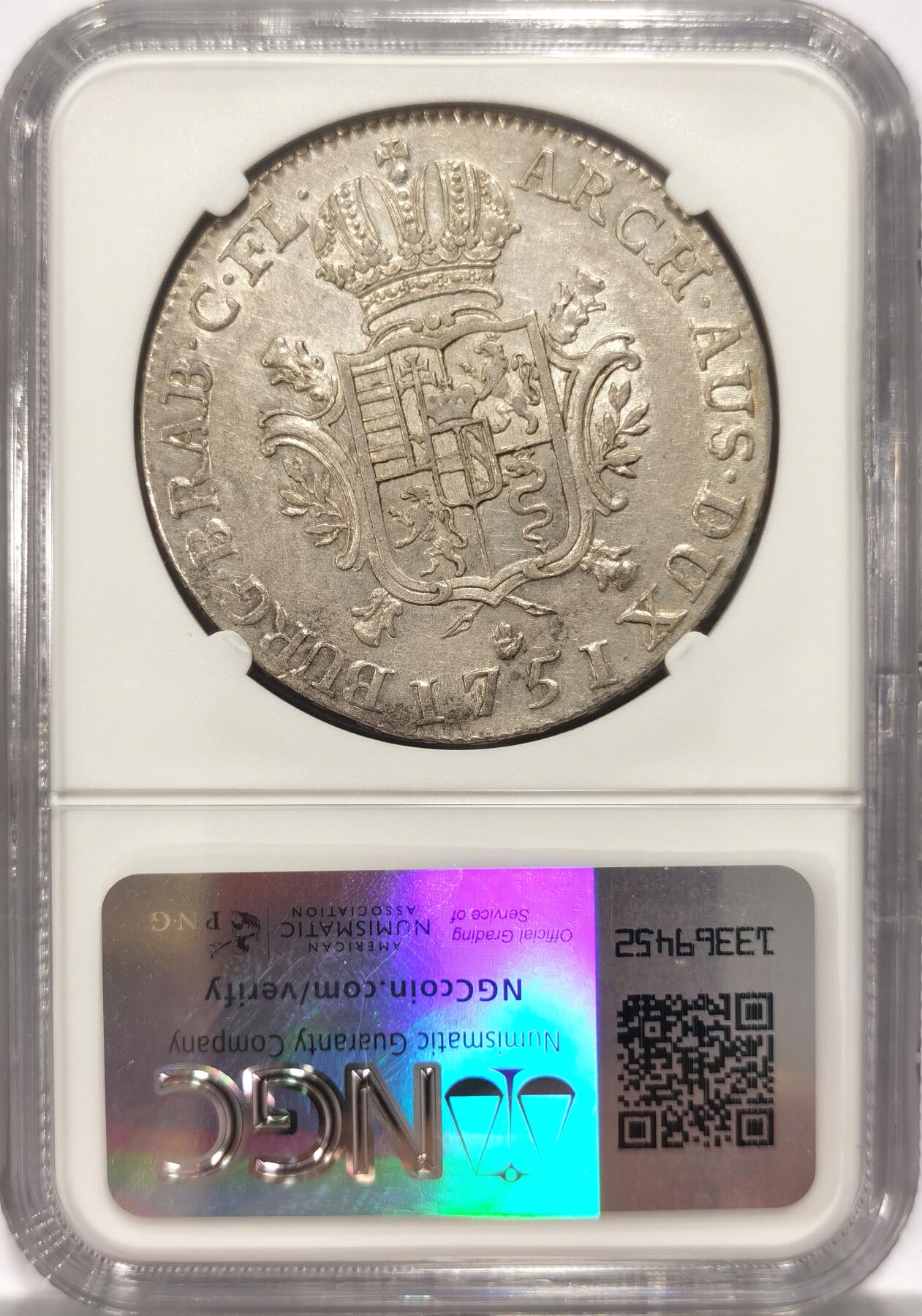 博洋堂世界钱币拍卖第087期（全场包邮） NGC AU55 1751年奥属尼德兰1杜卡特银币。N、P双料冠军分，33.25克，重量远超同时期各国主币，安特卫普厂铸造。此枚状态极佳，上手有车轮转光，徽章面状态应该有ms级，明显低评的一枚。极其罕见的品种。数量更多的1749年同品种55分麦稀奇成交价达到7400元，此枚年份更少见状态更出色，值得藏家重点关注！