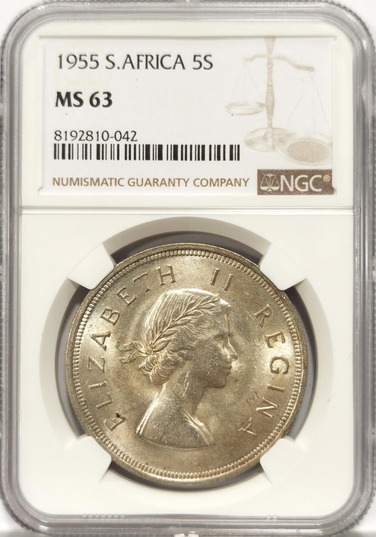 博洋堂世界钱币拍卖第087期（全场包邮） NGC MS63 英属南非1955年伊丽莎白二世5先令银币，极美黄油彩