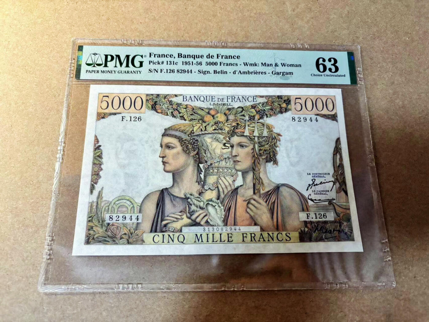 【Blue Auction】✨世界纸币精拍第524期【精】 法国 1953年5000法郎 PMG63 设计精美  
