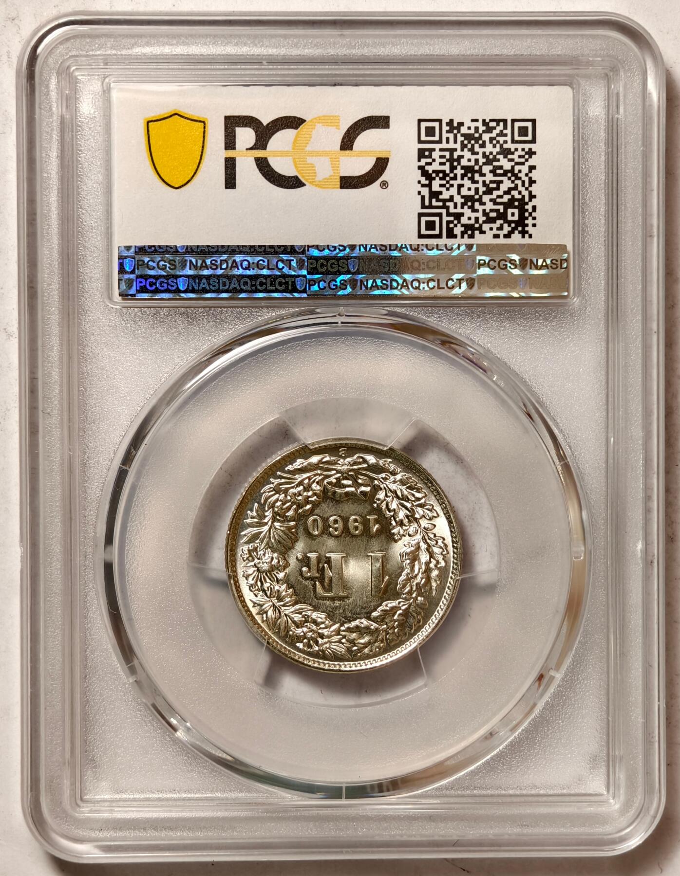 紫瑗钱币——第420期 瑞士 1960年 B版 赫尔维蒂亚 1法郎 银币 PCGS MS66