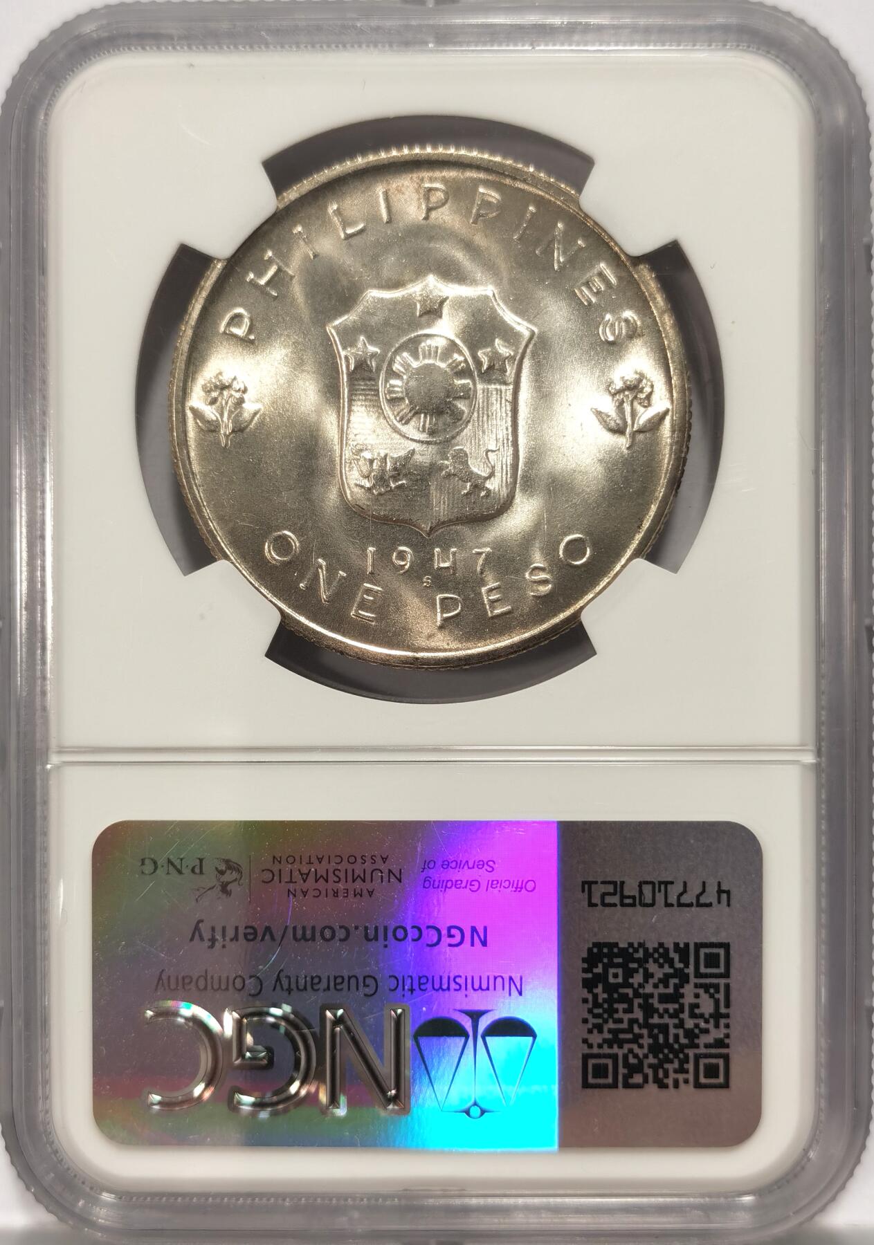 博洋堂世界钱币拍卖第087期（全场包邮） NGC MS65 菲律宾1947年麦克阿瑟1比索纪念银币，热门少见高分