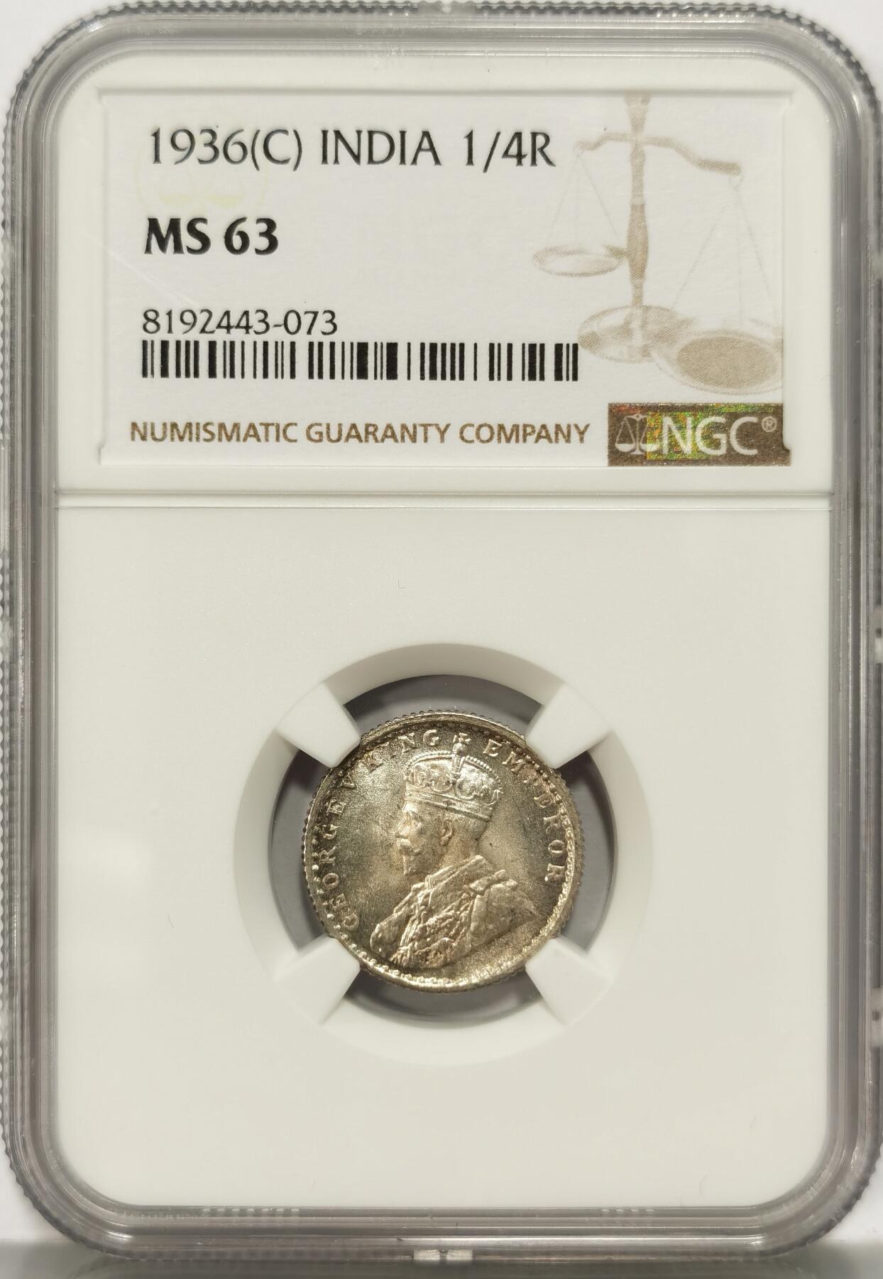 博洋堂世界钱币拍卖第087期（全场包邮） NGC MS63 英属印度1936年C乔治五世1/4卢比银币