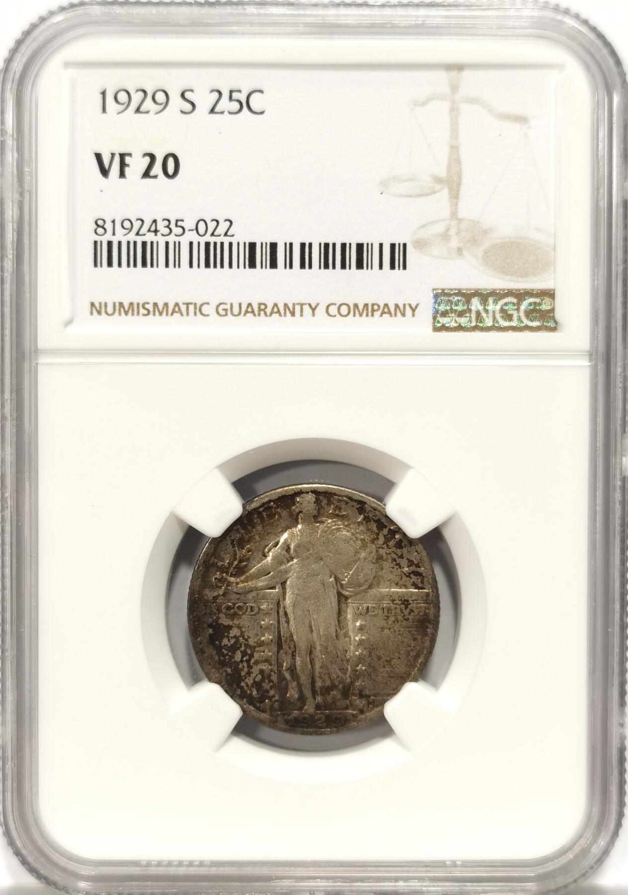 博洋堂世界钱币拍卖第087期（全场包邮） NGC VF20 美国1929年小飞鹰25美分银币，带彩包浆，有分难得