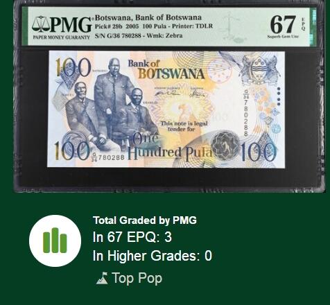 【Blue Auction】✨世界纸币精拍第524期【精】 【88尾冠军分】博茨瓦纳 2005年100普拉 PMG67EPQ 高分