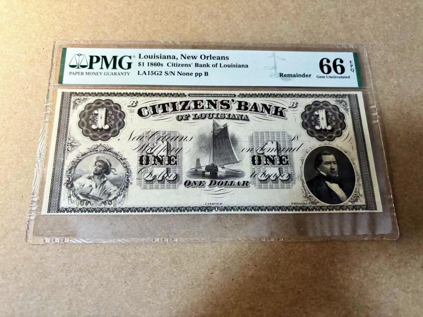 【Blue Auction】✨世界纸币精拍第524期【精】 美国 路易斯安那州 1860年代1美金 PMG66EPQ 大票幅 水手