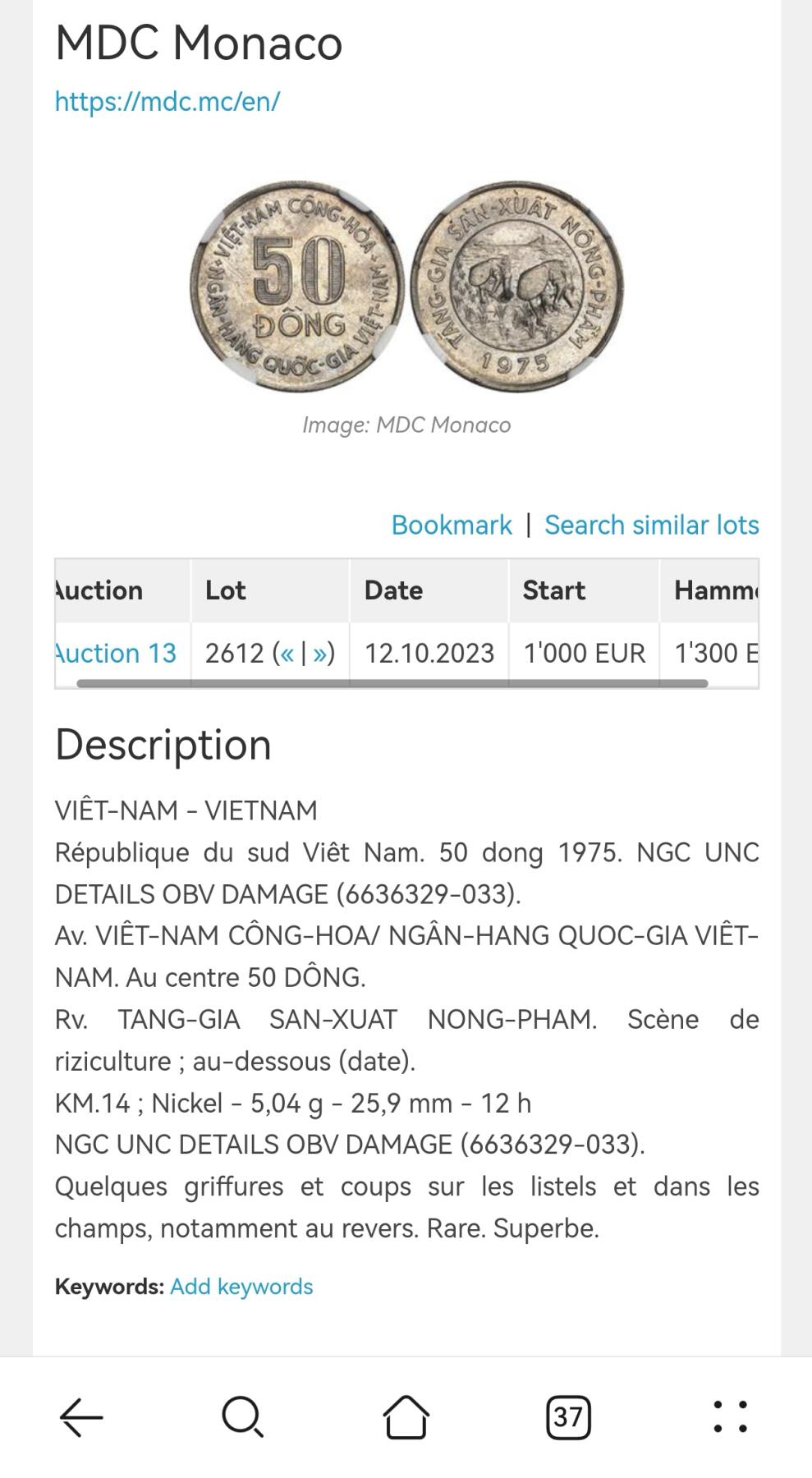 凡希社世界钱币微拍第二百八十期 稀！1975南越FAO插秧50DONG镍币PCGS-MS63，由于南越政府的迅速崩溃，这批订单没有运送至越南本土，后来全部作为金属废料处理，存世量极稀少，FAO系列的皇冠明珠，当代越南的难点，同时也是越战这一影响深远的历史事件的实物见证，高阶藏家汲汲以求的品种，一枚P65曾在2021年拍出10800美元。