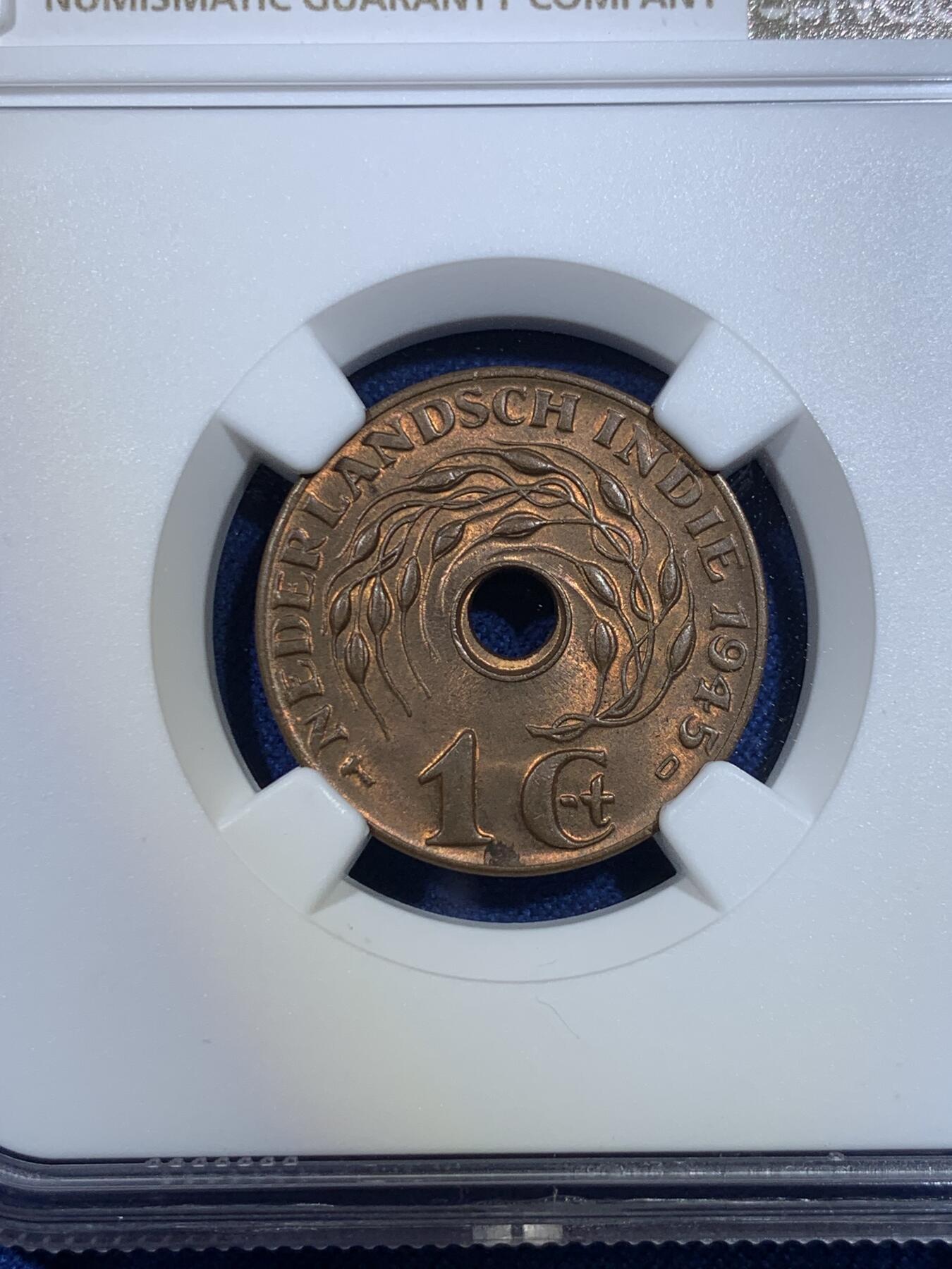 《竞宝斋》第296场- 周日，周一  2场连拍 （全场包邮） NGC MS63RB 荷属东印度1945D厂1分铜币 bu状态 铜光醇厚