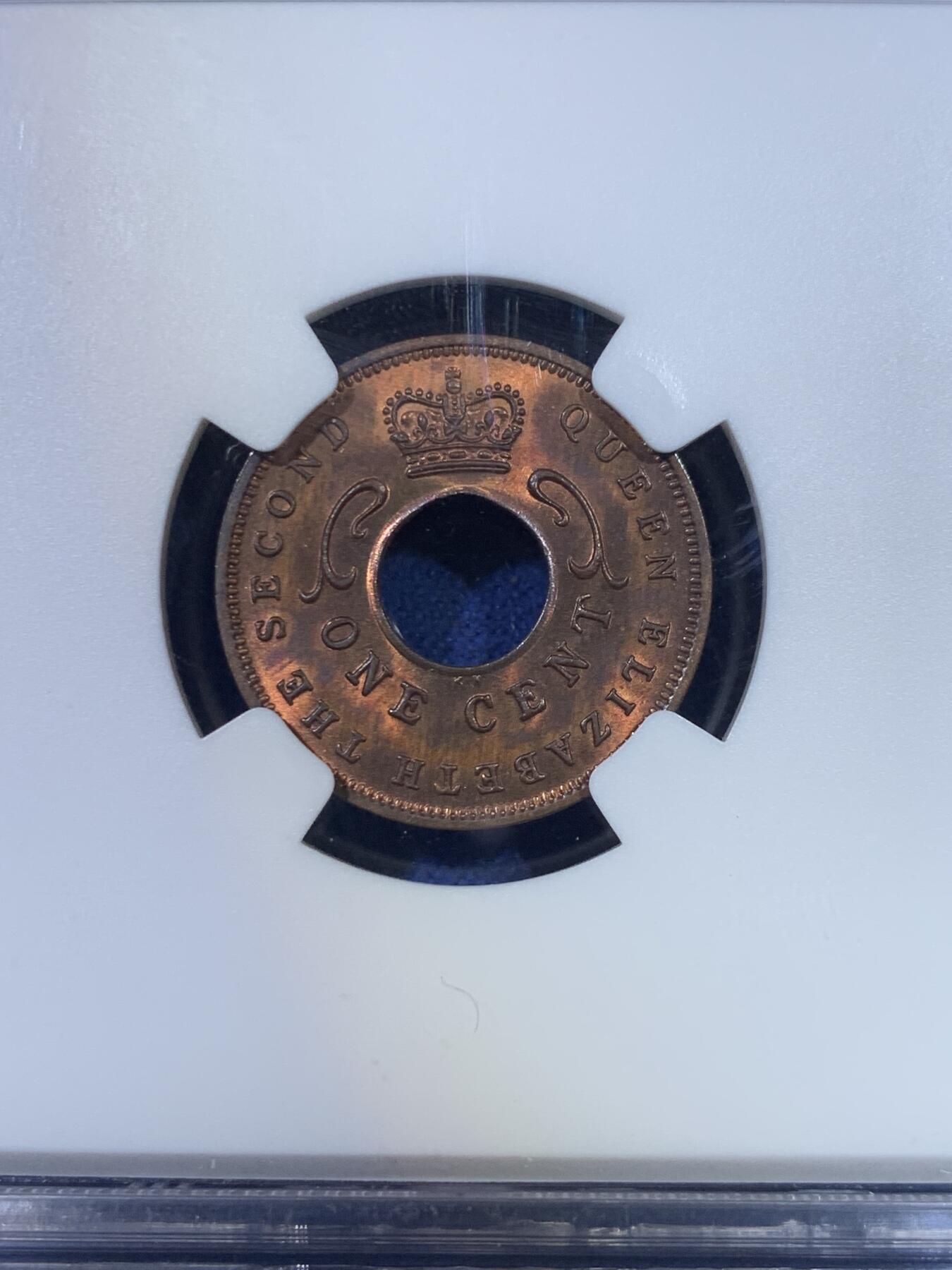 《竞宝斋》第296场- 周日，周一  2场连拍 （全场包邮） NGC MS64RB 英属东非1959年KN厂1分铜币 透光巧克力包浆