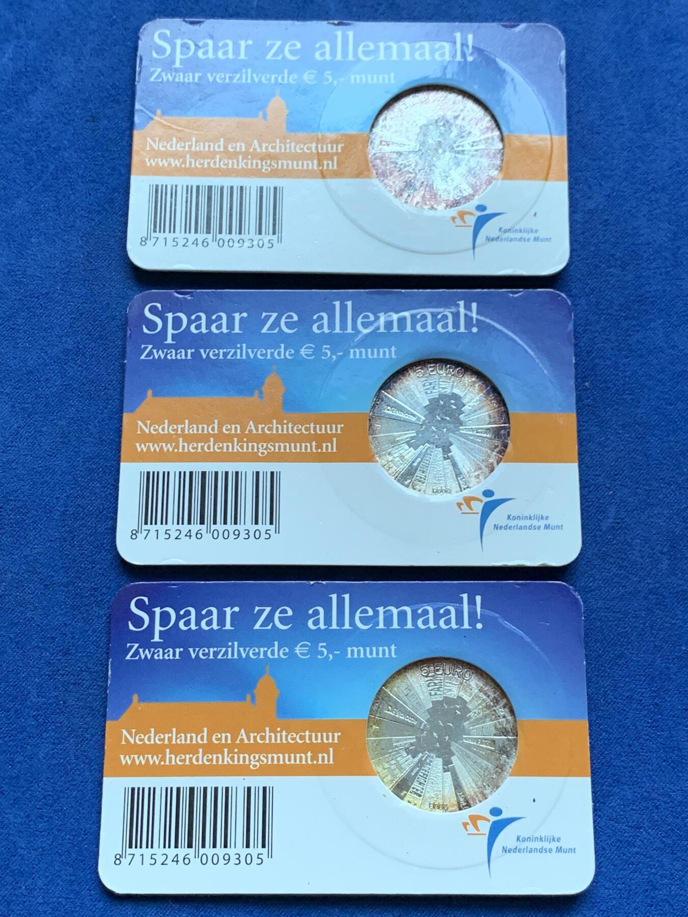 《竞宝斋》第296场- 周日，周一  2场连拍 （全场包邮） 欧洲之星 2008年 荷兰 5欧元 荷兰建筑师 镀银纪念币 小卡 共3枚