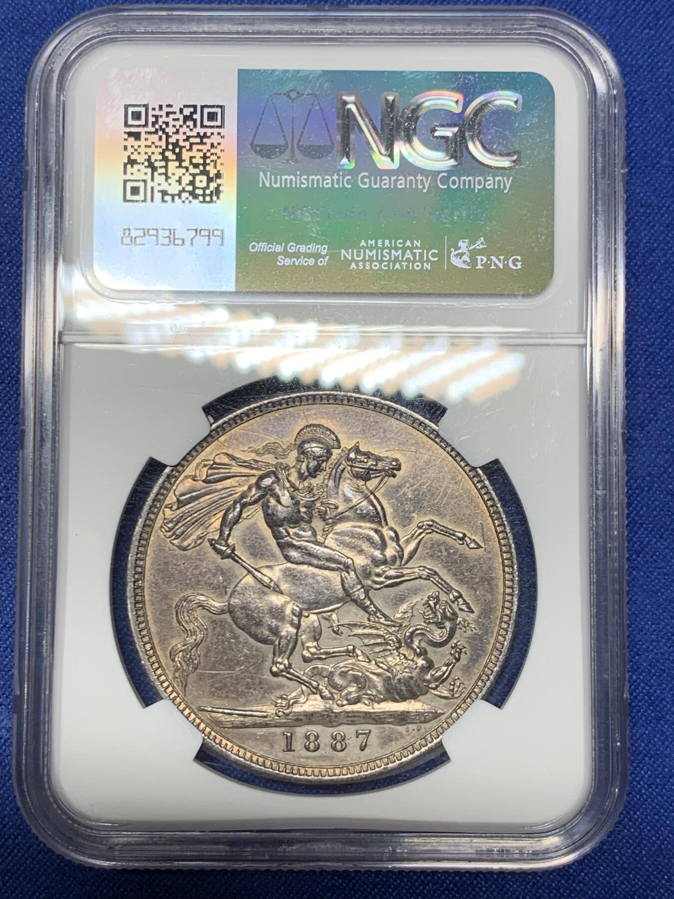 《竞宝斋》第296场- 周日，周一  2场连拍 （全场包邮） NGC AUD 英国1887年维多利亚高冠马剑1克朗