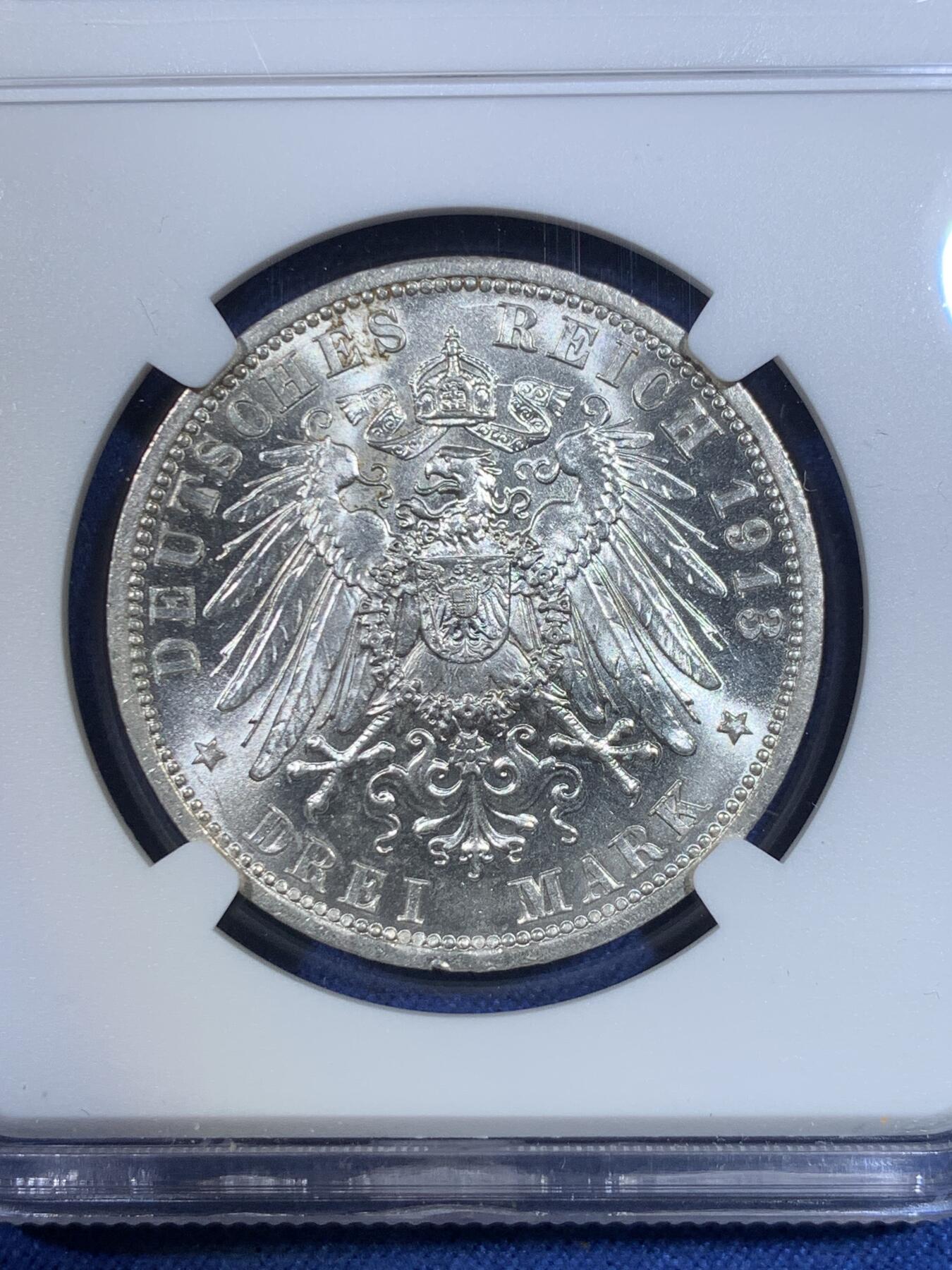 《竞宝斋》第296场- 周日，周一  2场连拍 （全场包邮） NGC MS62 德国1913年威廉二世戎装版3马克