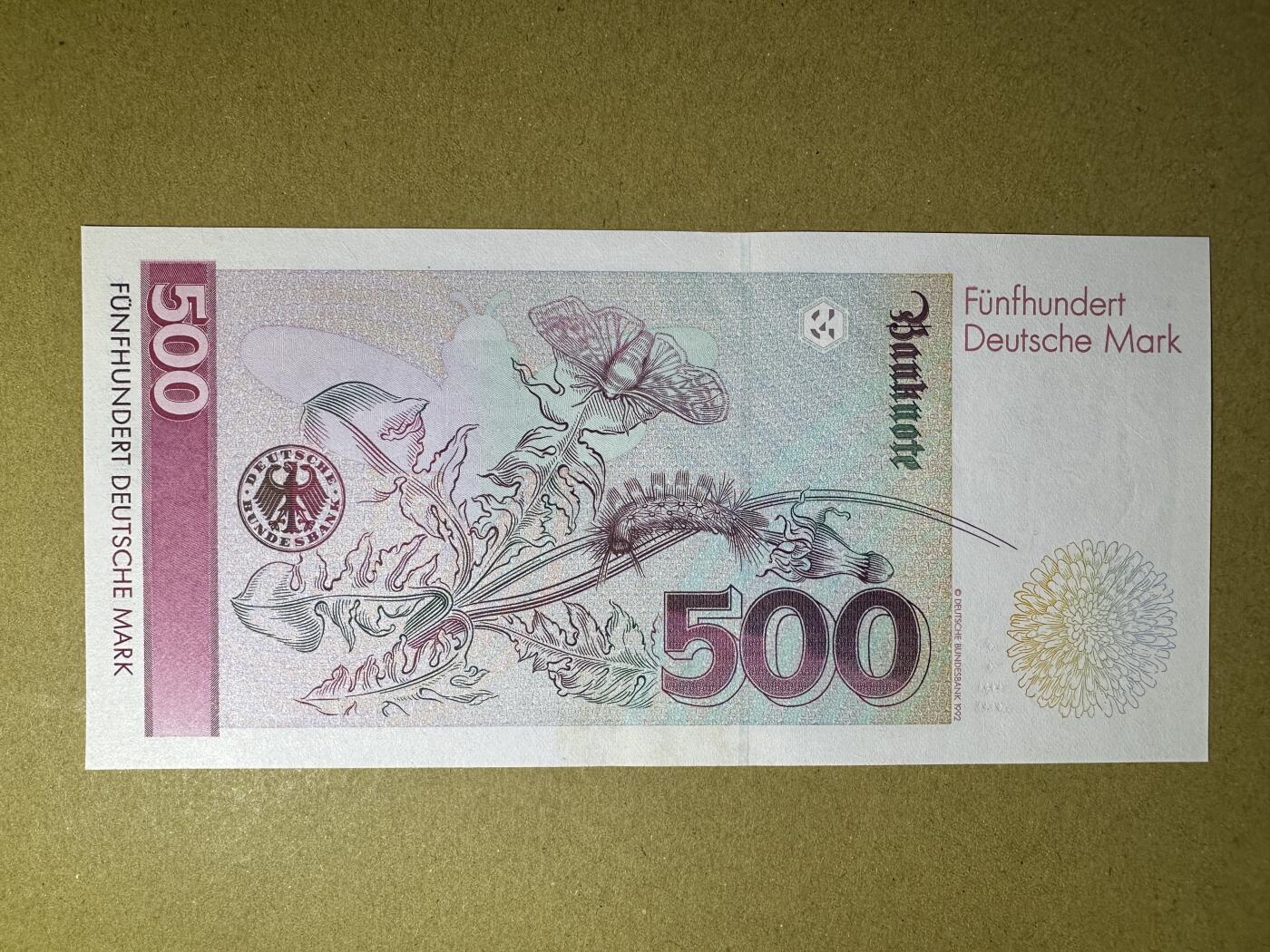 《张总收藏》162期-周六外币百拍精品场 德国500马克 UNC- 1991年 德国女画家梅里安 AA冠 底部有一处黄