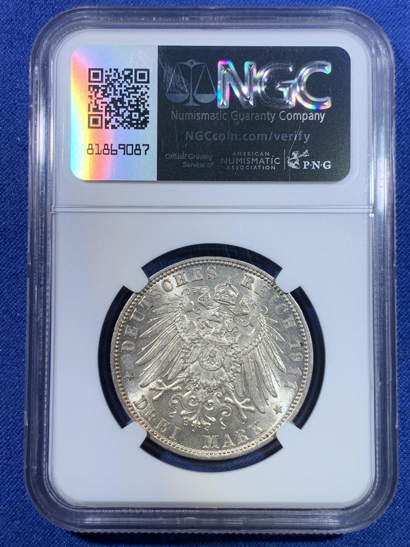 《竞宝斋》第296场- 周日，周一  2场连拍 （全场包邮） NGC MS62 德国巴伐利亚1911年利奥波德3马克银币