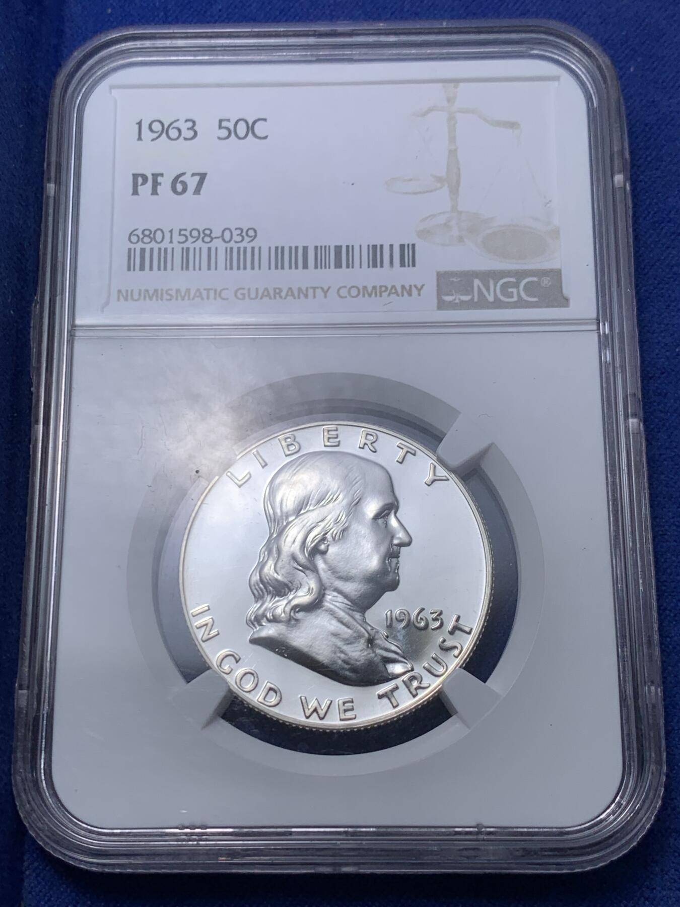 《竞宝斋》第296场- 周日，周一  2场连拍 （全场包邮） NGC PF67 美国1963富兰克林精制半圆