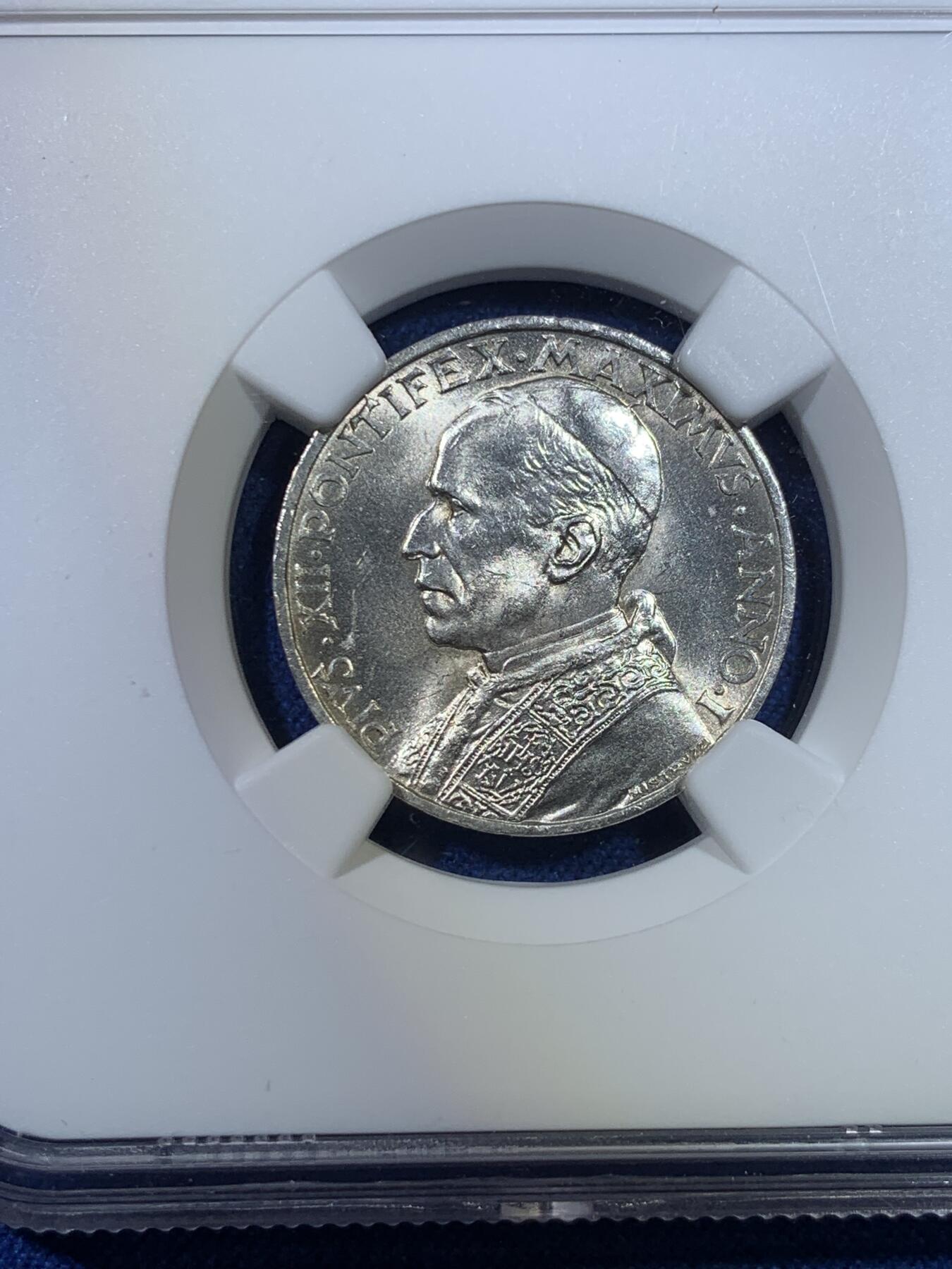 《竞宝斋》第296场- 周日，周一  2场连拍 （全场包邮） NGC MS64 梵蒂冈1939年5里拉划船银币