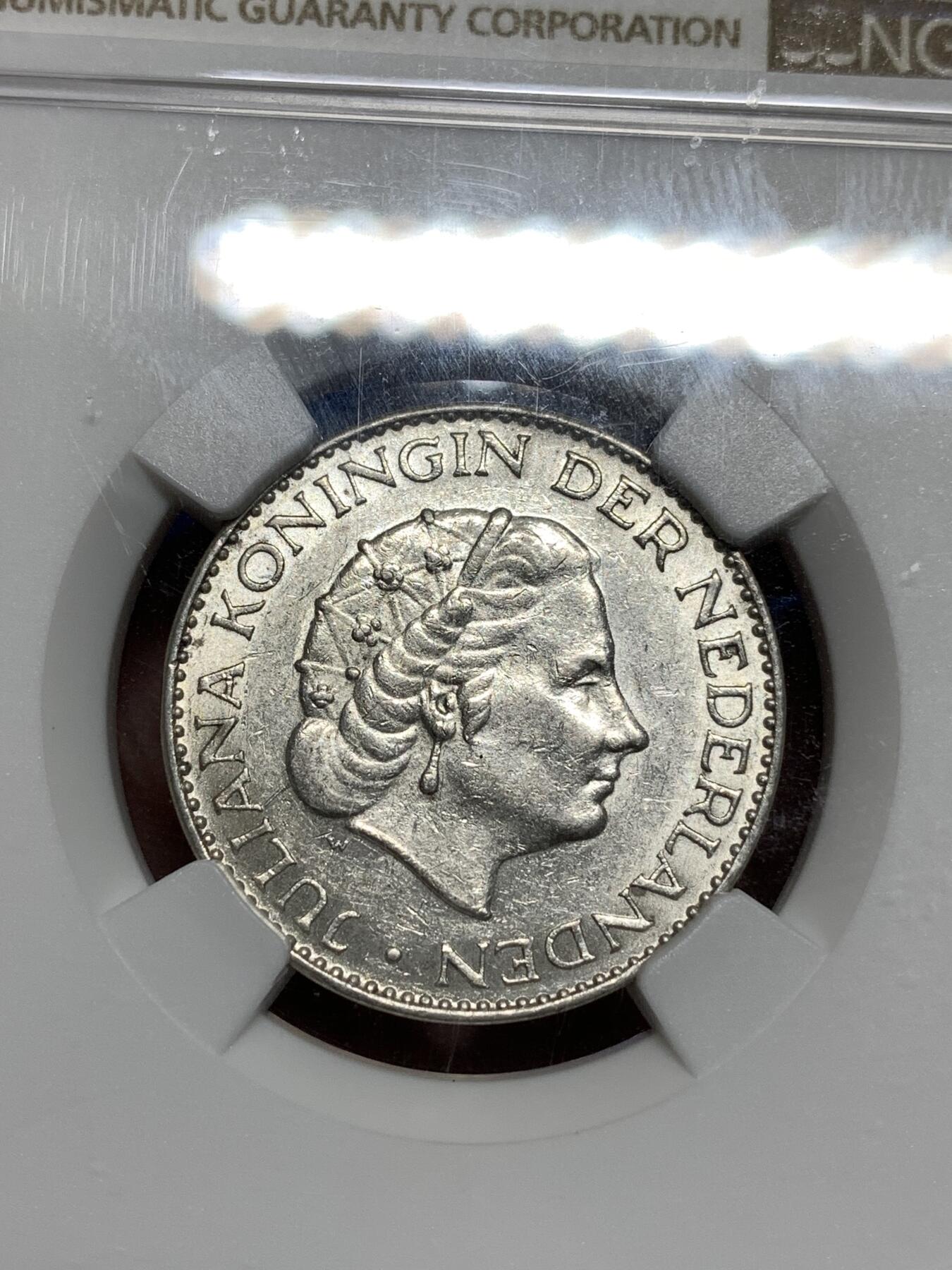 《竞宝斋》第296场- 周日，周一  2场连拍 （全场包邮） NGC AU55 荷兰 1964年 朱丽安娜1G银币