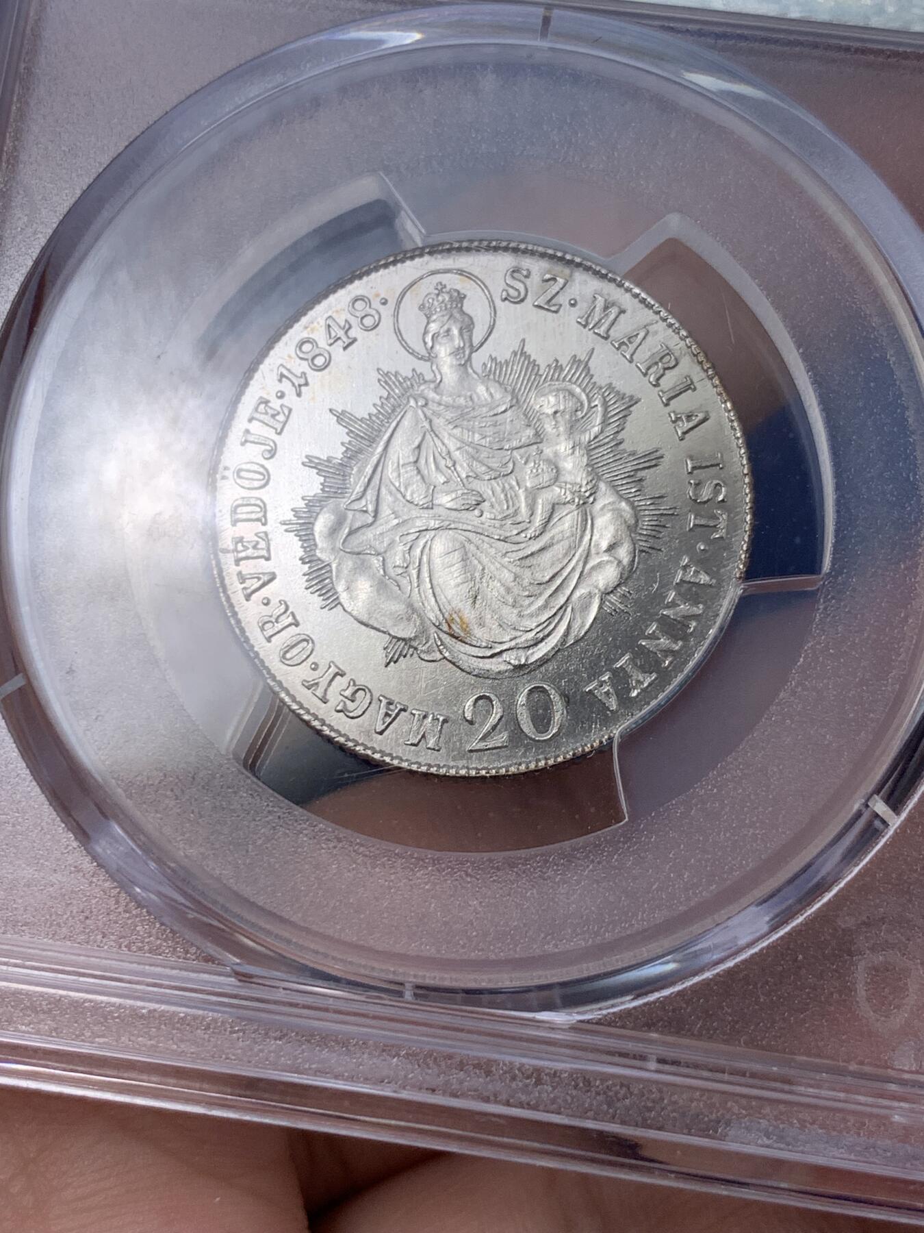 《竞宝斋》第296场- 周日，周一  2场连拍 （全场包邮） PCGS MS62 1848年匈牙利费迪南银币 PL底板，转光漂亮，明显低评，高分很难得