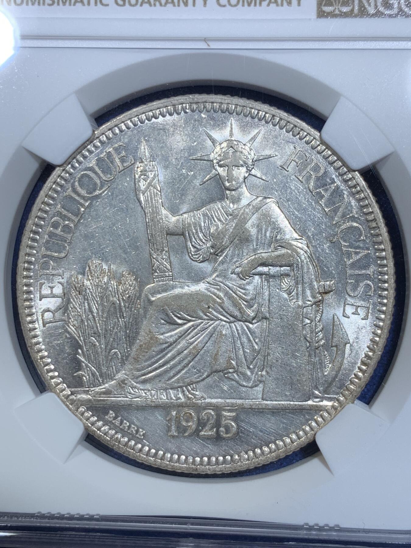 《竞宝斋》第296场- 周日，周一  2场连拍 （全场包邮） NGC MS61 法属印支 1925 坐洋银币 状态好 入手好时机