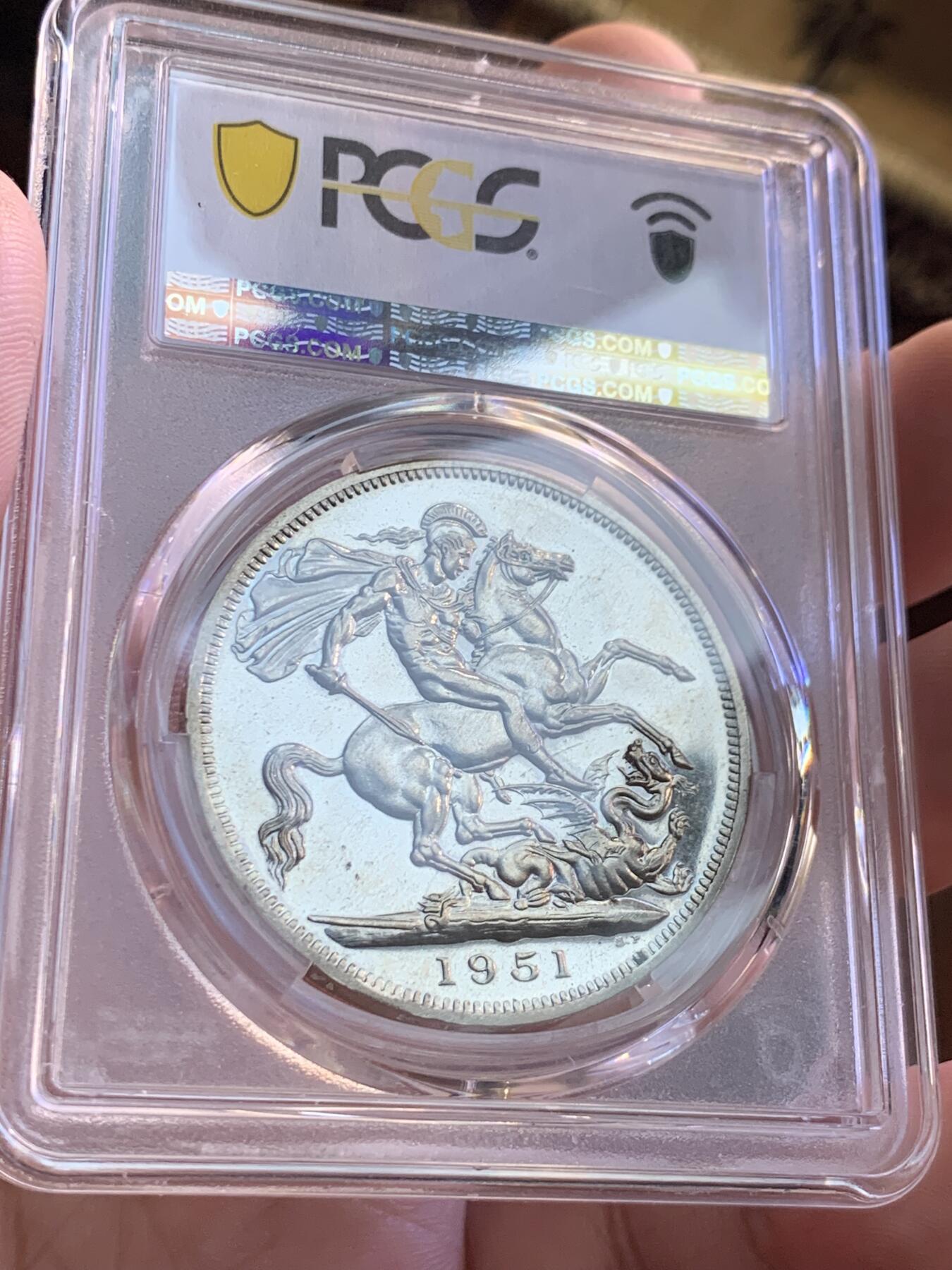 《竞宝斋》第296场- 周日，周一  2场连拍 （全场包邮） NGC PL64 英国1951年乔治六世克朗 最后的镍马剑