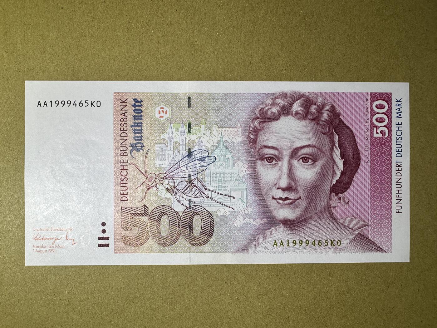 《张总收藏》162期-周六外币百拍精品场 德国500马克 UNC- 1991年 德国女画家梅里安 AA冠 底部有一处黄