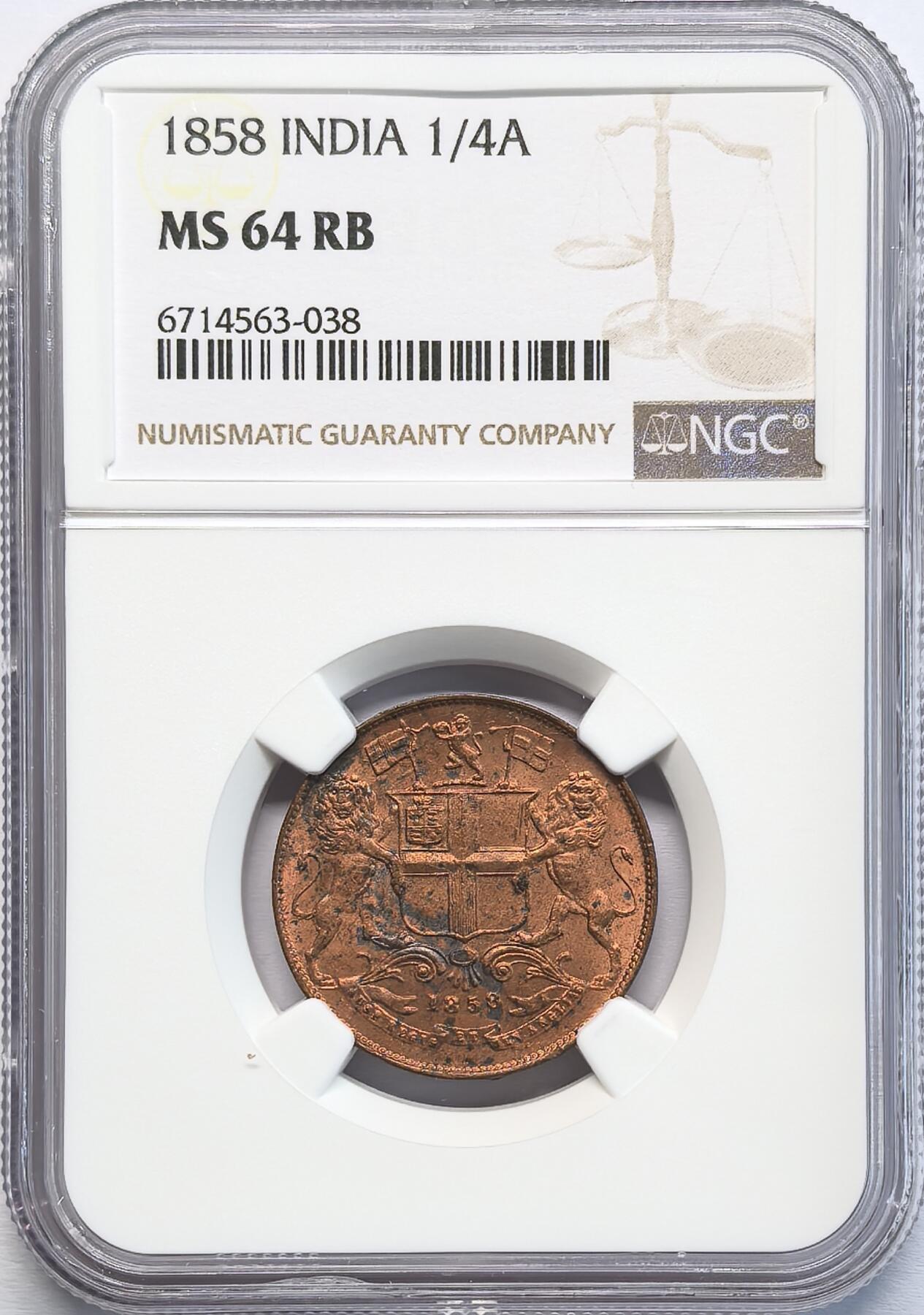 凡希社世界钱币微拍第二百八十期 1858东印度公司1/4安那铜币NGC-MS64