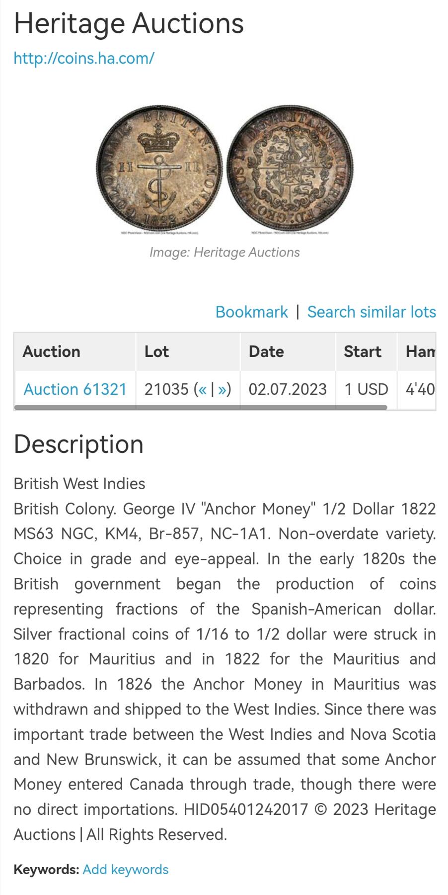 凡希社世界钱币微拍第二百八十期 荐！1822/1英国殖民地锚币1/2元NGC-UNCD，中灰包浆，细节完美，有分没分可能也只在一念之间。英国为各殖民地发行的一套通用货币，规格以墨西哥银元的1/2、1/4、1/8和1/16为标准，其他三种小面值相对常见，唯独1/2，不管哪种品相都稀有，这枚如果在纸袋里放置一段时日，极大概率会有分，去年一枚P63得价5280美金。